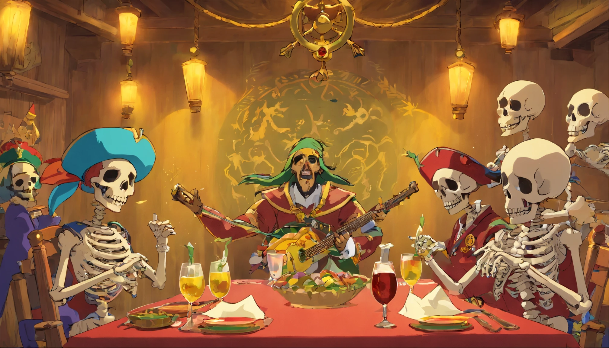 reggae, illustratio,Matte Effect[Matte Fukuto][Matt Fukuto], artistic,Singing, microphone, alcohol,skull, captain, Reggae skeletons are singing,livestream, banquet,wall paintings, goblet, a pirate, Skeleton Mask