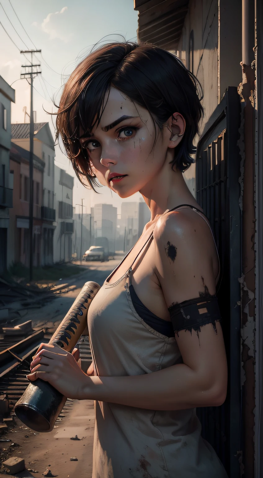 one-girl,Medium short hair,The expression is resolute,Delicate facial details,Blue pupil,(careful:1.3),Dilapidated ruined buildings,With a baseball bat,covert,Atmospheric lights,Center composition,Post-apocalypse,hyper-high detail,A high resolution,8k,Wallpapers