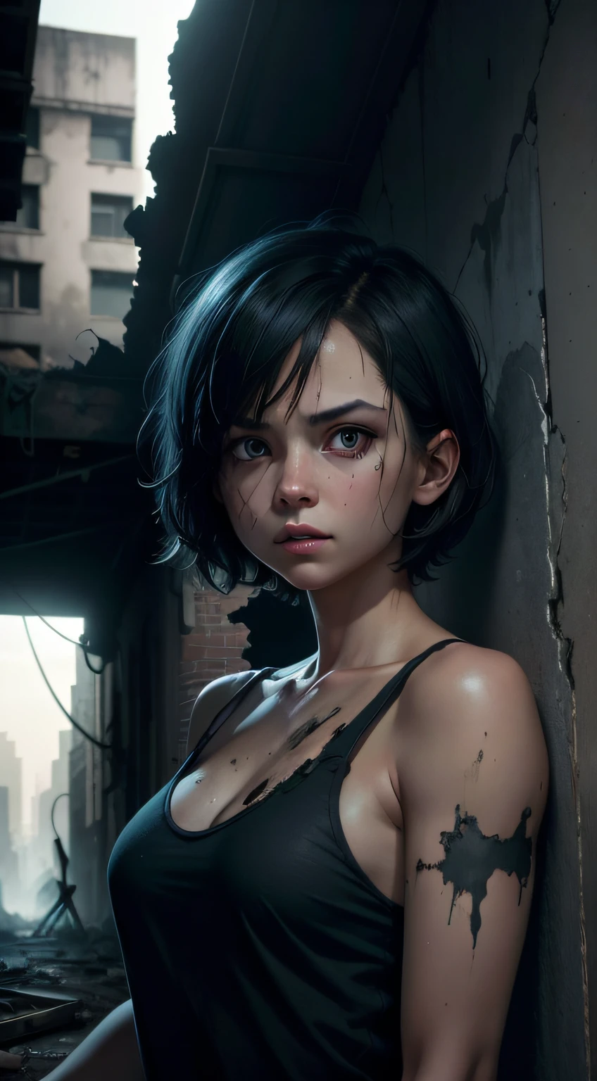 one-girl，Medium short hair，The expression is resolute，Delicate facial details，Blue pupil，（careful：1.3），Dilapidated ruined buildings，With a baseball bat，covert，Atmospheric lights，Center composition，Post-apocalypse，hyper-high detail，A high resolution，8k，Wallpapers