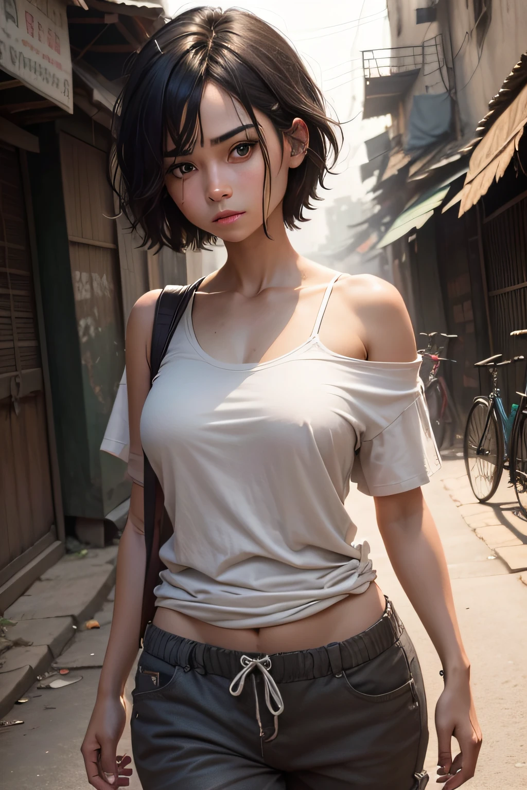 forward, dirty Troubled Face, slave, dark straight black wolf cut hair slightly below shoulder,((Best Quality, 8k, Masterpiece: 1.3)), Crisp Focus: 1.2, (Layer Cut, Big: 1.2),Beautiful Woman with Perfect Figure: 1.5, Highly Detailed Face and Skin Texture, Detailed Eyes, Double eyelids,sharp brown eyes, walking in night slum street with baggy tshirt, baggy pant, pale skin,