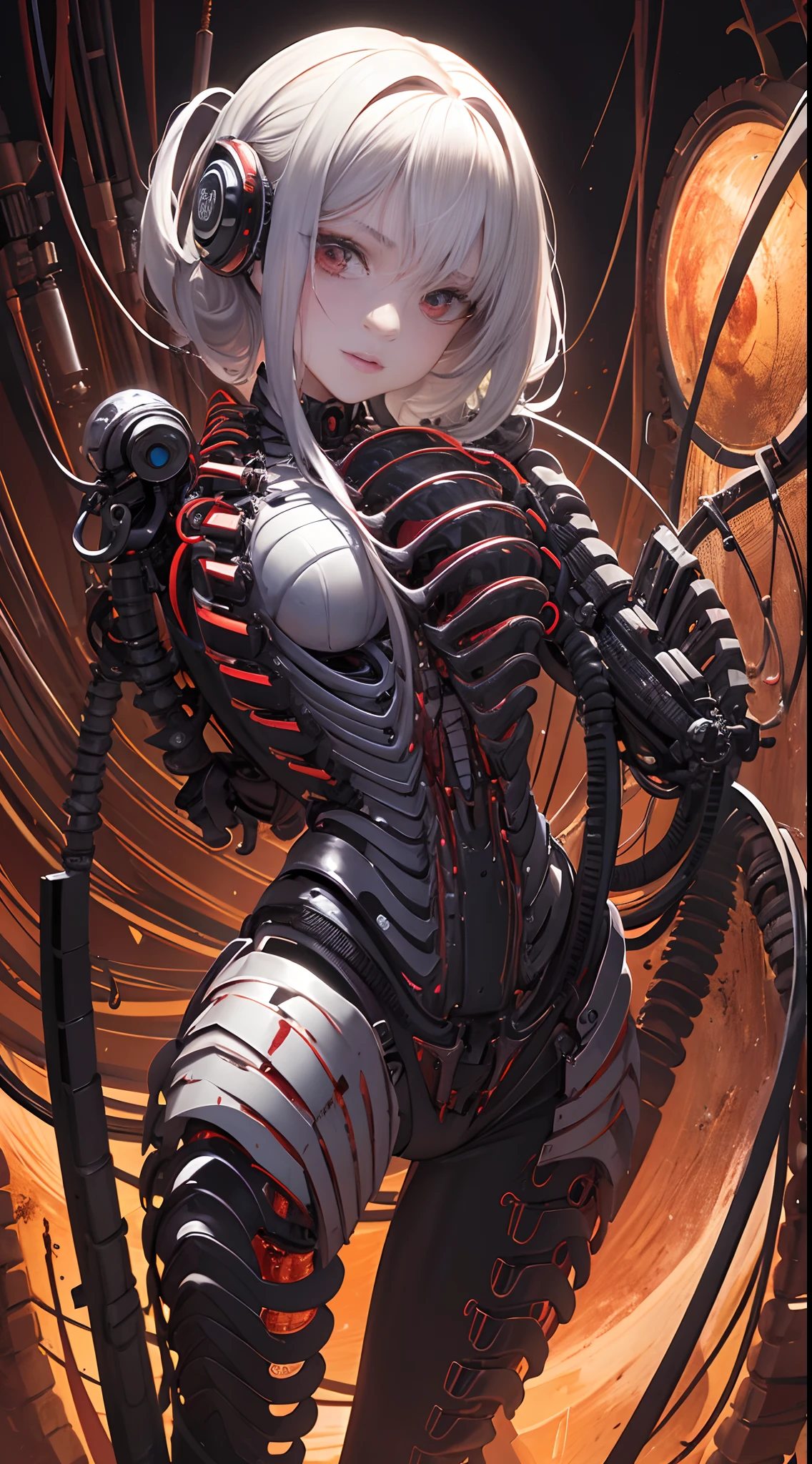 (((Masterpiece))), ((Best Quality)), (Super Detail), (CG Illustration), (Very Evil and Beautiful)), Cinematic Light, ((1 Mechanical Girl)), Single, (Mechanical Art: 1.4), ((Mechanical limb)), (Blood vessel attached to a tube), ((Mechanical spine attached to the back)), ((Mechanical cervical vertebrae attached to the neck), (Back to the viewer)), expressionless, ( Wires and cables attached to the head and body: 1.5), Science Fiction, Apocalypse, Ruins, (Lower Body Integrated with Mechanical Devices), (Blood: 1.5), Cruelty, Absurdity, Eroticism, Fusion with Machines, Doomsday Time, Super Future, Inorganic, Laboratory, Restraint, (Beautiful Indulgence: 1.2), (1 Girl: 1.3), Body Wrapped Around Mechanical Tentacles