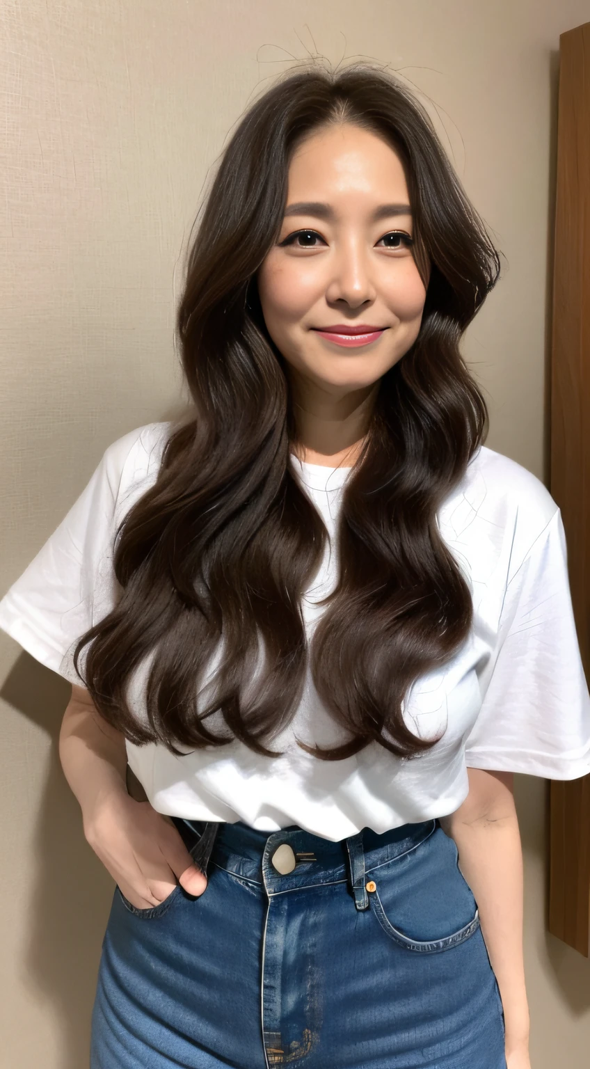 ((midynight, Need, 8K, tmasterpiece:1.3)), full bodyesbian, Long legs, Focalors:1.2, perfect figure beautiful woman:1.4, ((Dark brown hair)), (white tight t-shirt, denim pant, standing on your feet:1.2), ((sobu)), Highly detailed facial and skin texture, A detailed eye, 二重まぶた,Beauty,Wavy hair, Wrinkles at the corners of the eyes, to emphasize, ,(Big breasted 1.2),aged 40, Wrinkled eyes,