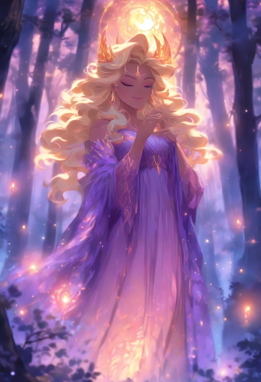 (best quality, highres, ultra-detailed, realistic:1.37), female, glowing purple eyes, long flowing blonde hair, witch, goddess, casting glowing spells, mystical fantasy woods, evil smirk, enchanted atmosphere, hauntingly beautiful, ethereal, dark magic, mesmerizing, captivating, mysterious aura, wisps of magic, moonlit glimmer, ancient power, bewitching presence, enchanting glow, intricate spellcasting, swirling energy, mystical symbols, surreal landscape, majestic trees, vibrant foliage, moonlight filtering through the branches, flickering lights, magical creatures, enchanting melodies, otherworldly whispers, ethereal haze, divinely powerful, aura of darkness, enchanting beauty, spellbinding gaze, magical essence, intoxicating charm, femme fatale, mythical realm, hauntingly seductive, spellbound onlookers