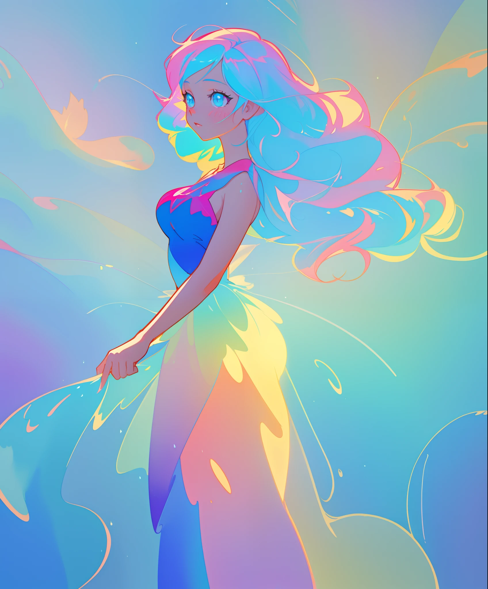 beautiful anime girl in colorful liquid dress, vibrant pastel colors, (colorful), magical lights, sparkling lines of light, inspired by Glen Keane, inspired by Lois van Baarle, disney art style, by Lois van Baarle, glowing aura around her, by Glen Keane, jen bartel, glowing lights! digital painting, flowing glowing hair, glowing flowing hair, beautiful digital illustration, fantasia background, whimsical, magical, fantasy, beautiful face, ((masterpiece, best quality)), intricate details, highly detailed, sharp focus, 8k resolution, sparkling detailed eyes, liquid watercolor