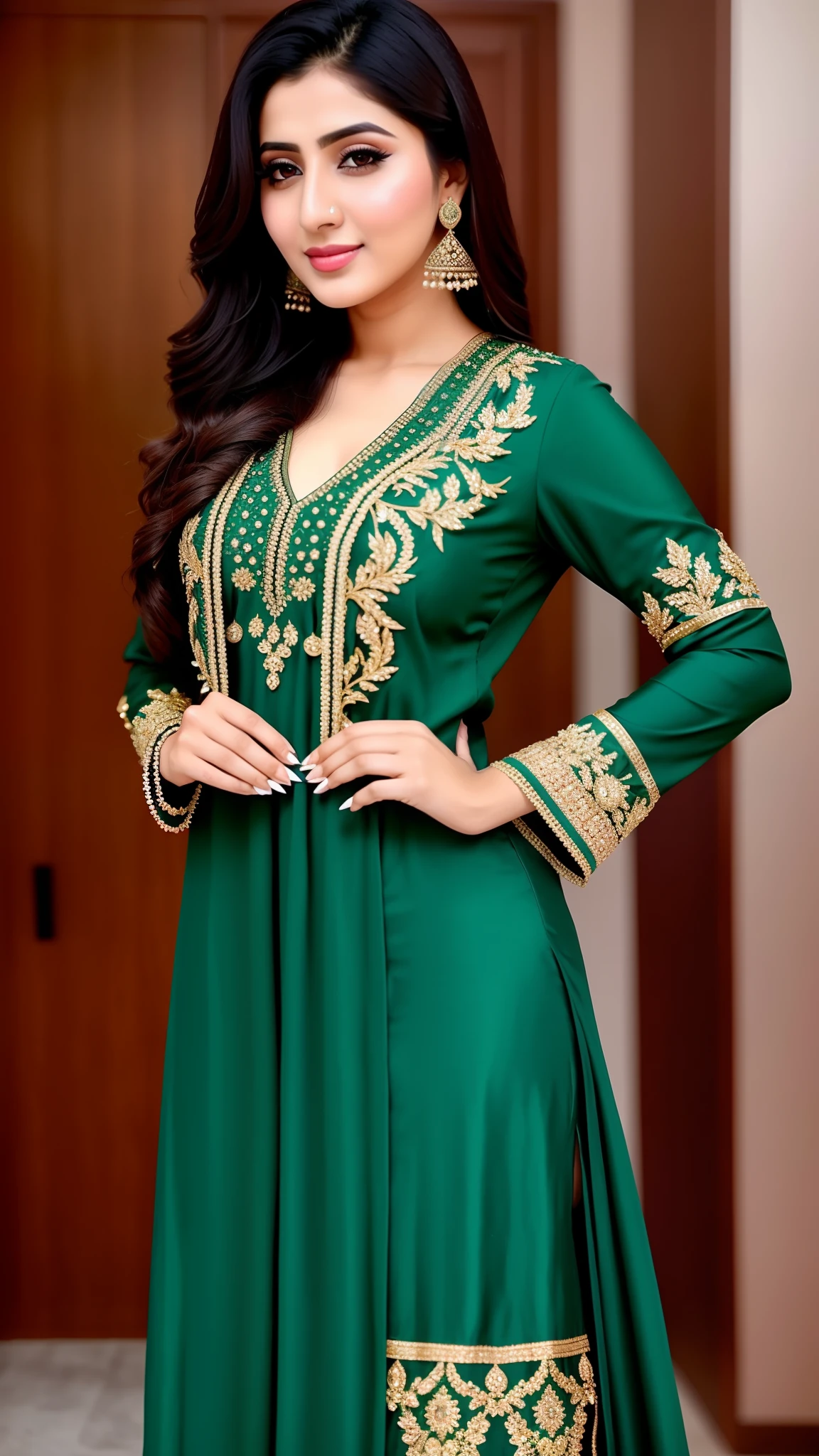 Beautiful pakistani 25 year old girl in beautiful dress, lower boob visible, 8K, sharp image, dynamic pose