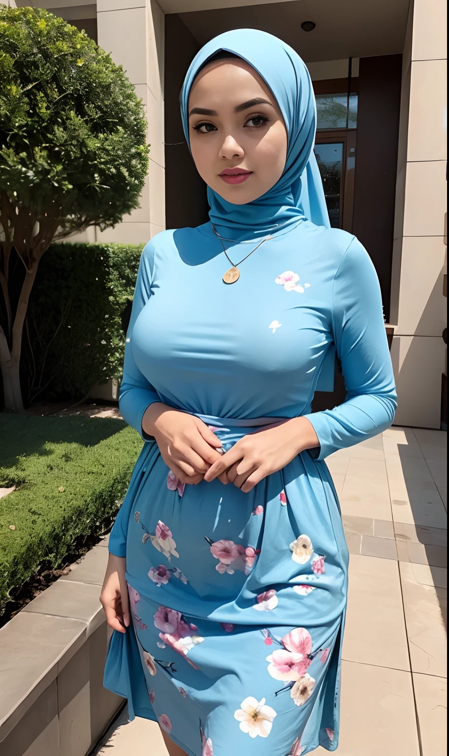 Best quality, high resolution, masterpiece: 1.3), beautiful Malay woman in hijab, big breasts, Masterpiece, Best quality), Young woman, perfect slim fit body, (Huge breasts), big gorgeous eyes, wear soft blue Mini peplum Dress with floral pattern,soft smile, Delicate turtleneck print sun dress, necklace, shairband, afternoon walk, City garden, Excellent lighting, Bright colors, Clean lines