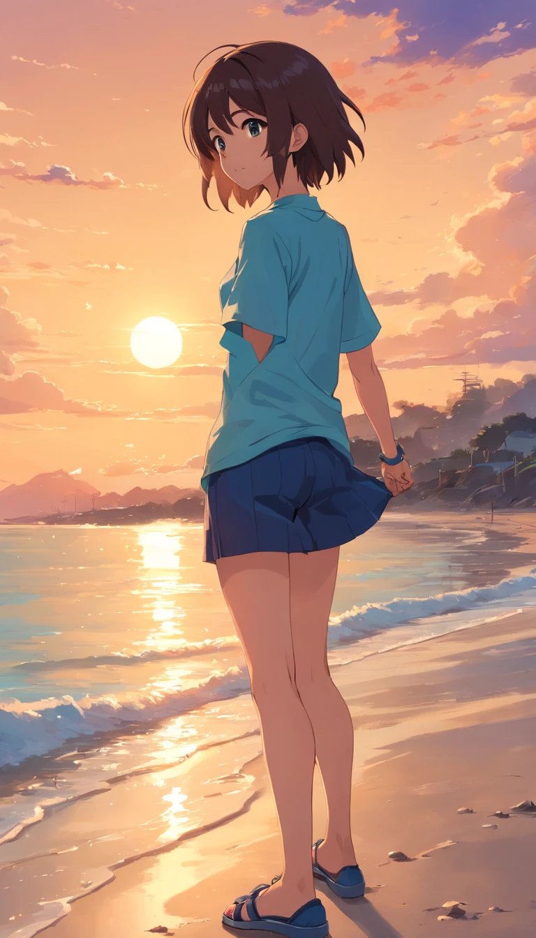Gerar uma obra-prima apresentar um anime solo menino de 16 anos, cabelos pretos, olhos castanhos brilhantes, sorriso no rosto, Pele branca brilhante, Tshirt azul lisa, Black pantyhose, blue footwear, Meias brancas, standing at the beach, Watch the sunset from the beach, desfrutando de vista, Orange sunset light dem shadow, Reflection of the sunset in your eyes, Capture Entire Preview, luz solar refletindo no oceano, rosto extra detalhado, olhos extras detalhados, cabelo extra detalhado, textura extra detalhada, Extra detailed equipment image quality high resolution, high resolution wallpaper, arte inspirada em Makoto shinkai