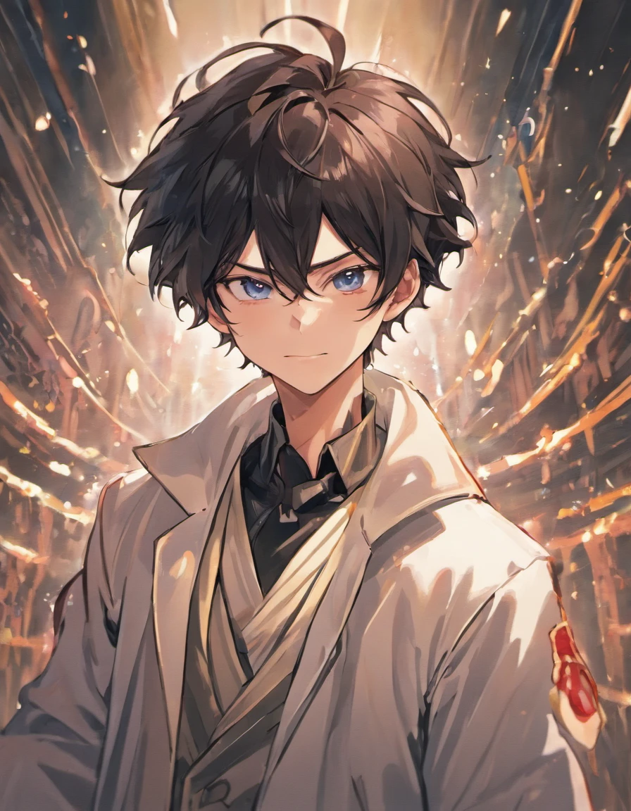 a man with messy wavy black hair, wearing a white overcoat, smiling like a villain