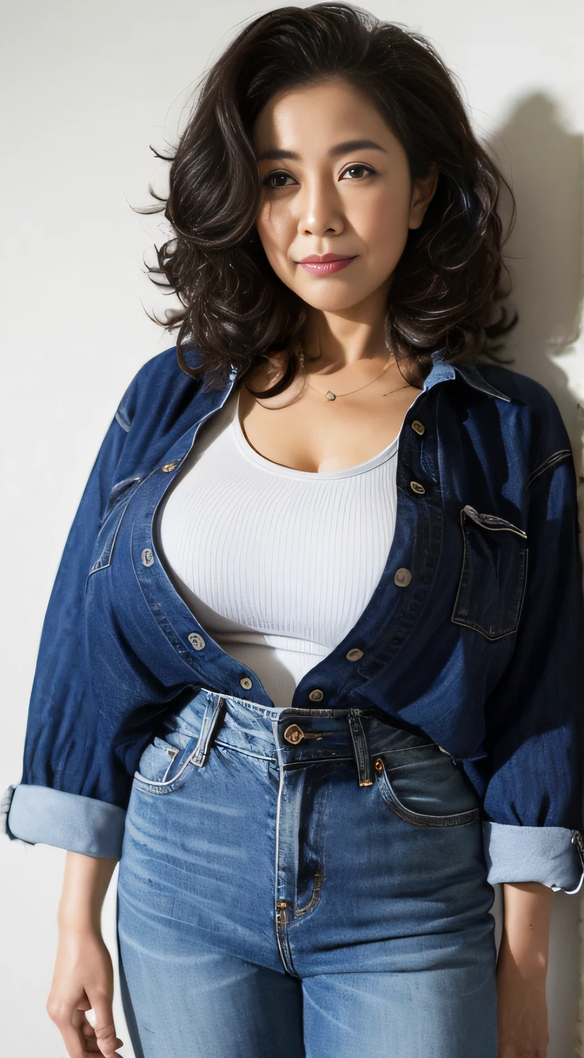 ((Best quality, 8K, Masterpiece, Portrait: 1.3)), (View viewers), Photorealism, Sharp focus, Solo, The Moro Islamic Liberation Front of Japan, Beauty,Wavy hair, Wrinkles at the corners of the eyes, to emphasize, ((Big breasts:1.3))),,30 years old, curlies, Wrinkled eyes, (tight tshirt, denim pant)((looking at viewert))