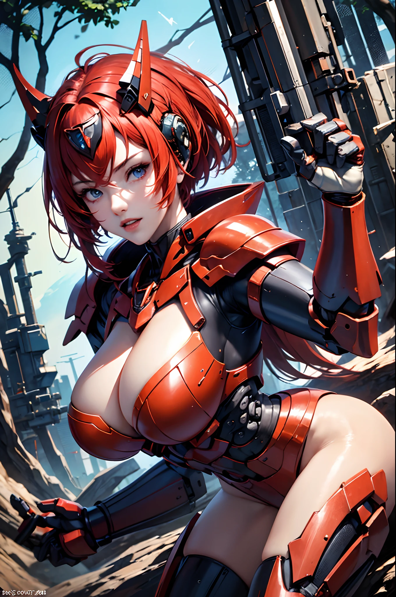 (masterpiece), (best quality), 8k resolution, 1girl, Asian girl, stunning beauty, perfect face, big breast, mature female, 20yo, sexy, red hood, in the forest, mecha, mecha jump, red armor, exoskeleton, detailed armor