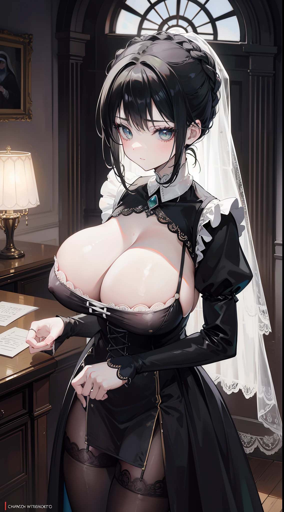 Striped hair, french braid, mismatched pupils, Chiaroscuro, back lit lighting, Gothic art, 16k, Best quality, Anatomically correct, High details，lewd nun，(huge tit)，(black lence stockings)，green pupills，(wedding gown)