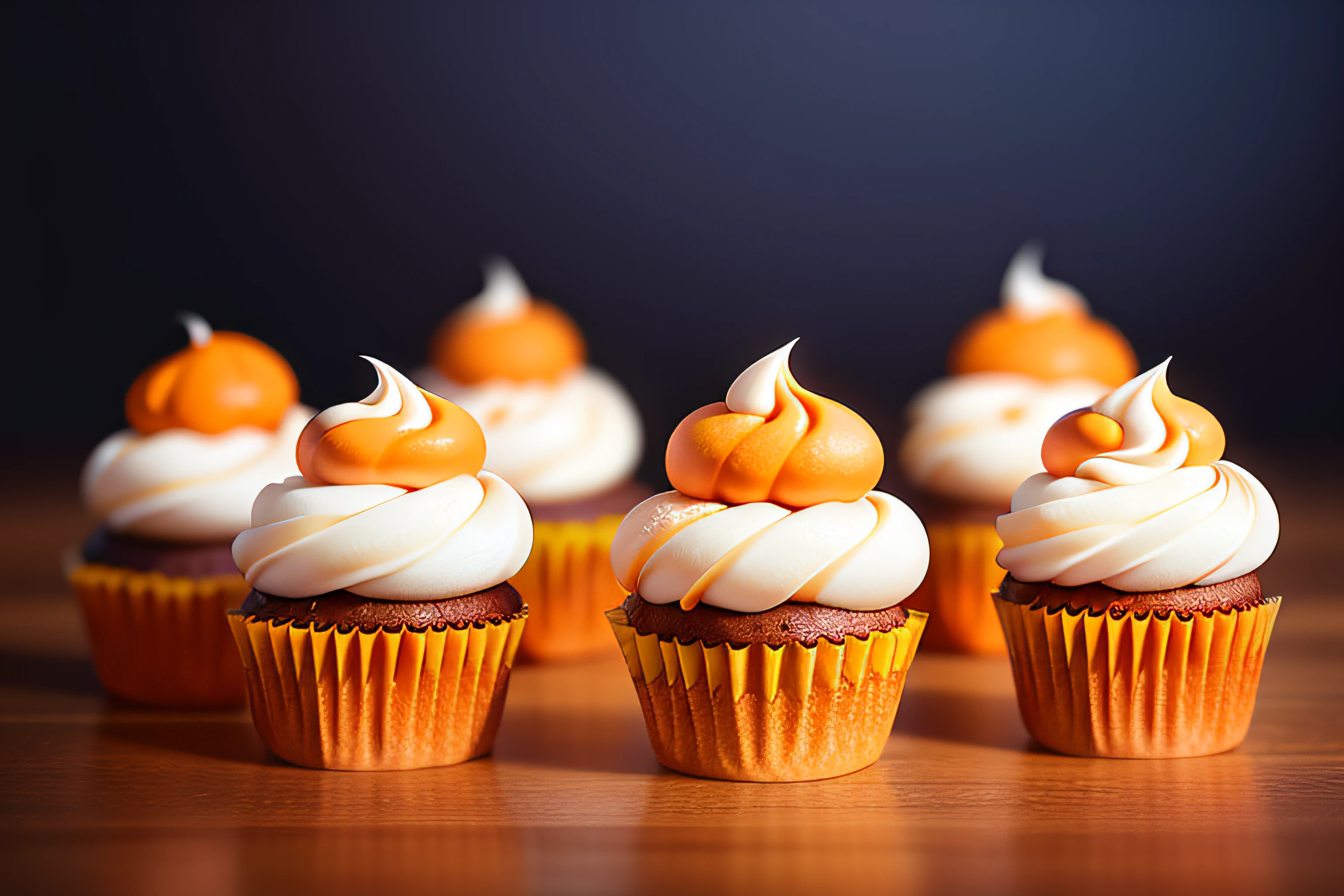 (raw photo), a row of halloween themed cupcakes on a table, orange and white, foodphoto, blurred background, full view, 8k, photorealistic image, excellent quality.