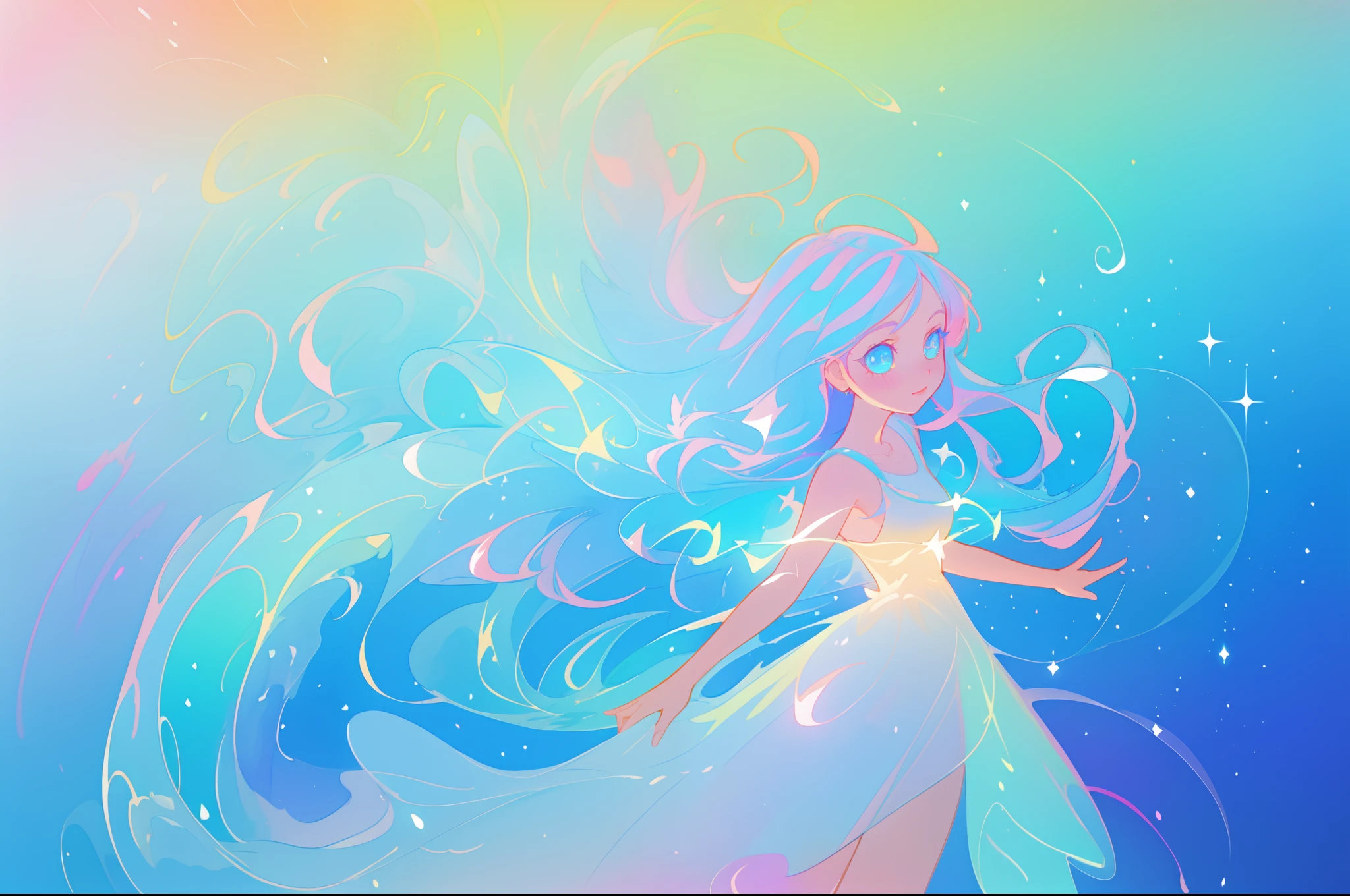beautiful anime girl in colorful liquid dress, vibrant pastel colors, (colorful), magical lights, sparkling lines of light, inspired by Glen Keane, inspired by Lois van Baarle, disney art style, by Lois van Baarle, glowing aura around her, by Glen Keane, jen bartel, glowing lights! digital painting, flowing glowing hair, glowing flowing hair, beautiful digital illustration, fantasia background, whimsical, magical, fantasy, beautiful face, ((masterpiece, best quality)), intricate details, highly detailed, sharp focus, 8k resolution, sparkling detailed eyes, liquid watercolor