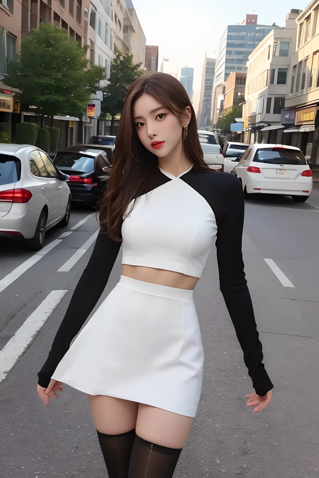 ((Realistic lighting, Best quality, 8K, Masterpiece: 1.3)), Clear focus: 1.2, 1girl, Perfect body beauty: 1.4, Slim abs: 1.1, ((dark brown hair)), (White dress: 1.4), (Outdoor, night: 1.1), City Street, Super Fine Face, Fine Eyes, Double Eyelids, (Over the knee black stockings: 1.5)