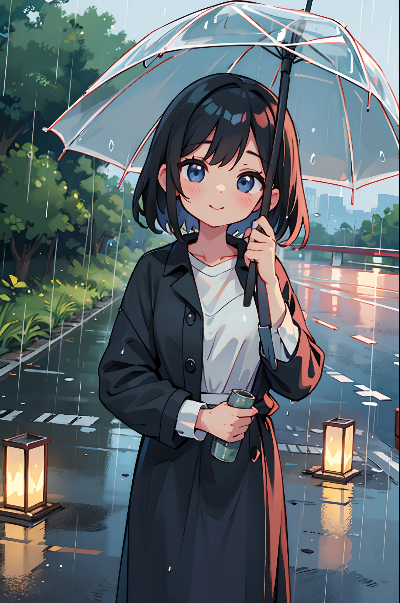 Photo of a woman on a rainy day、bustup、Eye Up、The road surface is wet、She enjoys the rain