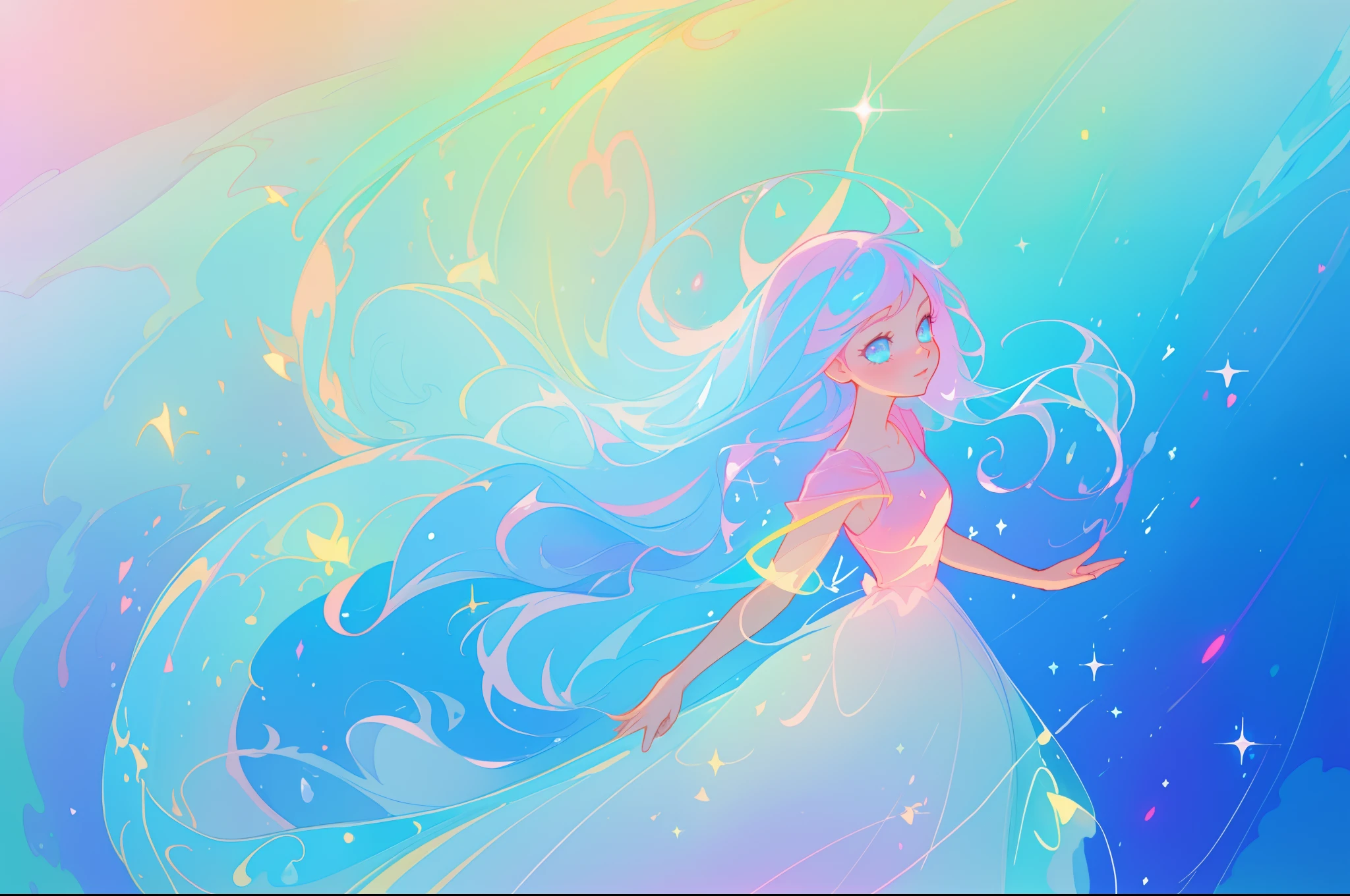 beautiful anime girl in colorful liquid dress, vibrant pastel colors, (colorful), magical lights, sparkling lines of light, inspired by Glen Keane, inspired by Lois van Baarle, disney art style, by Lois van Baarle, glowing aura around her, by Glen Keane, jen bartel, glowing lights! digital painting, flowing glowing hair, glowing flowing hair, beautiful digital illustration, fantasia background, whimsical, magical, fantasy, beautiful face, ((masterpiece, best quality)), intricate details, highly detailed, sharp focus, 8k resolution, sparkling detailed eyes, liquid watercolor