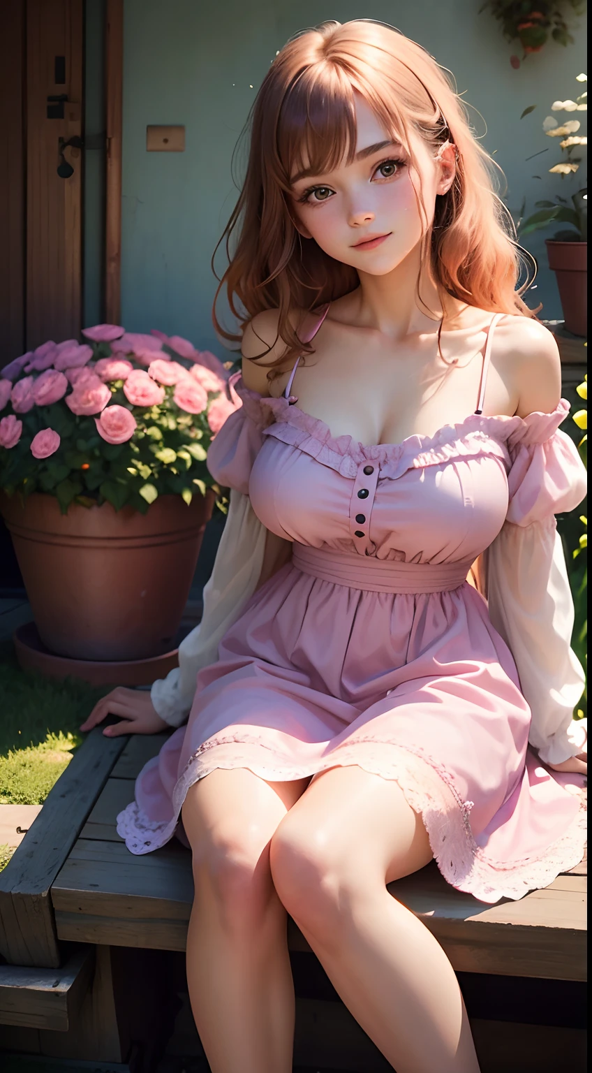 Full portrait photo from top to bottom of an 18-year-old girl as beautiful as in a fairy tale, sitting in a garden full of flowers, holding her pet cat, wearing a modern, cool short dress, shoulder-length chestnut hair, eyes blue, pink dress, bright smile, big breasts, slim waist, long white legs...