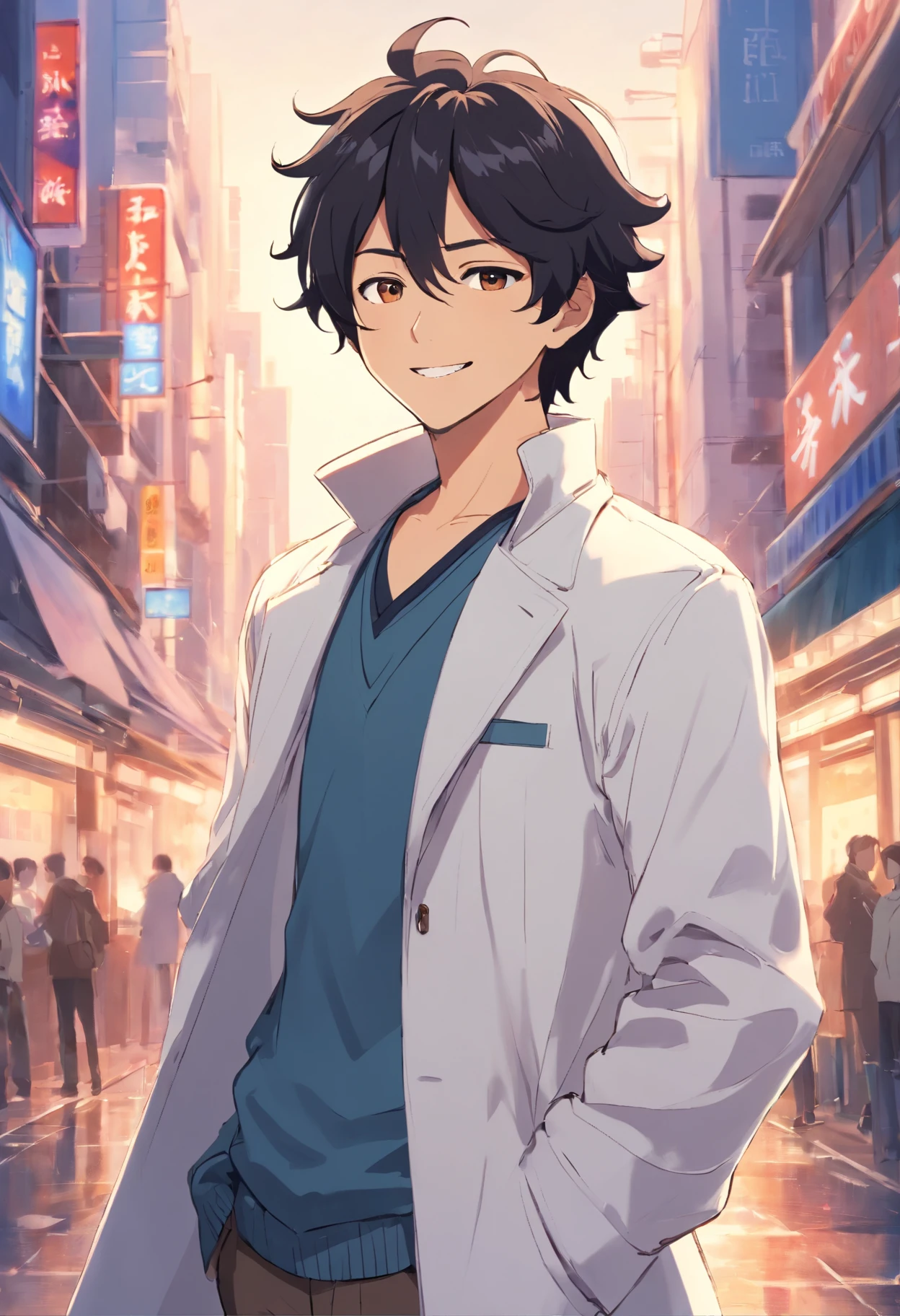 a man with messy wavy black hair, wearing a white overcoat, smiling like a villain