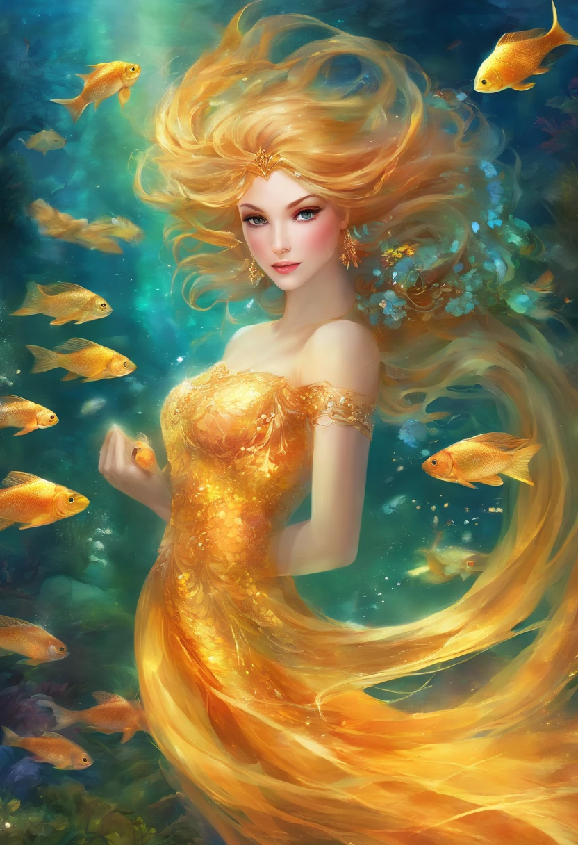 (best quality,4k,8k,highres,masterpiece:1.2),ultra-detailed,(realistic,photorealistic,photo-realistic:1.37),stylistic rendering,wallpaper designs,vivid colors,bokeh,studio lighting,physically-based rendering,sharp focus,artistic expressions,alluring compositions,aesthetic appeal,visual stimulation,attractive,fascinating,enticing gazes,beauty and elegance,exquisite craftsmanship,indulge in art,unforgettable visual experience,breathtaking artwork,captivating charm,irresistible visual impact,pleasing aesthetics,allure and glamour,hypnotic ambiance,tempting imagery,graceful lines and shapes,passionate energy,unleash your creativity,dive into imagination. Once upon a time, in the sparkling depths of the great ocean, there lived a graceful golden fish named Finley. Finley possessed the most vibrant scales that shimmered like gold in the sunlight, making her the most enchanting fish in the sea. Swimming alongside Finley was her dear friend, Toby the turtle, known for his sage wisdom and friendly demeanor.