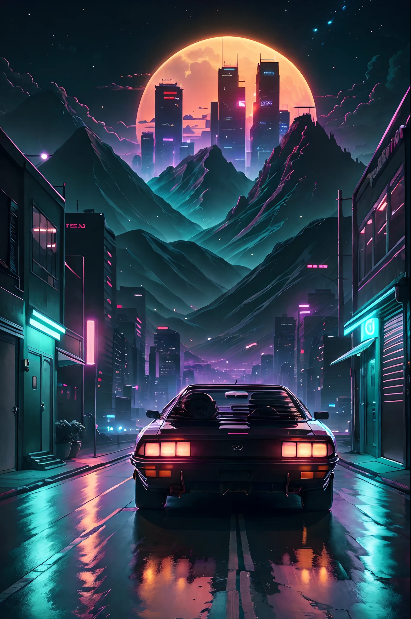 retrowave. city, 1969 Nissan S30, wide body kit, road,  purple neon lights, sun, mountain, 
(masterpiece,detailed,highres),
