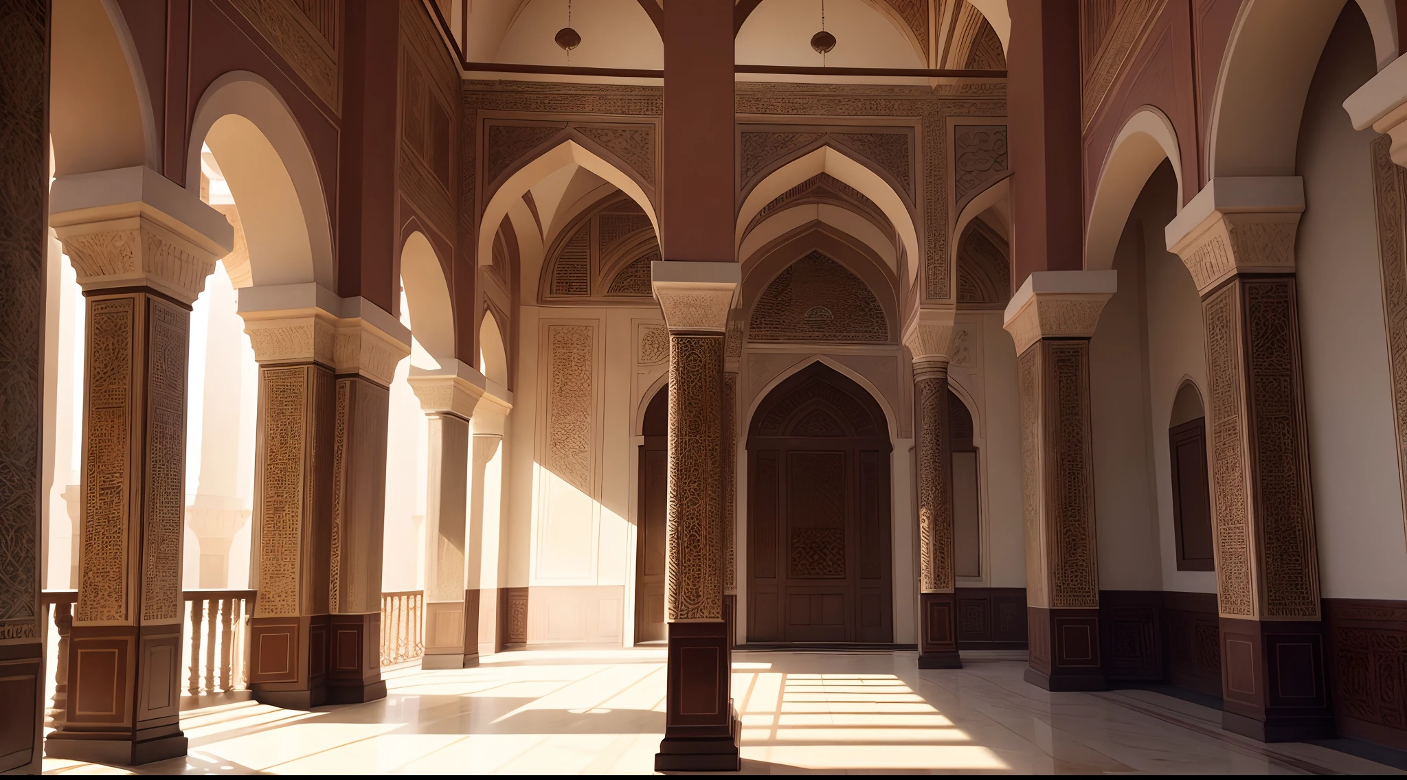 Arabia, either Basra or Ormuz, very luxurious, building structure like a harem or mosque, building structure with elements of a turkish harem or mosque, orientalism, inside a mansion, interior, rich, grand, stairs, Muslim style, Islamic, elegant, House of Vizier, House of Emir, 16th century, medieval, no people, no word, no wordings, no signature