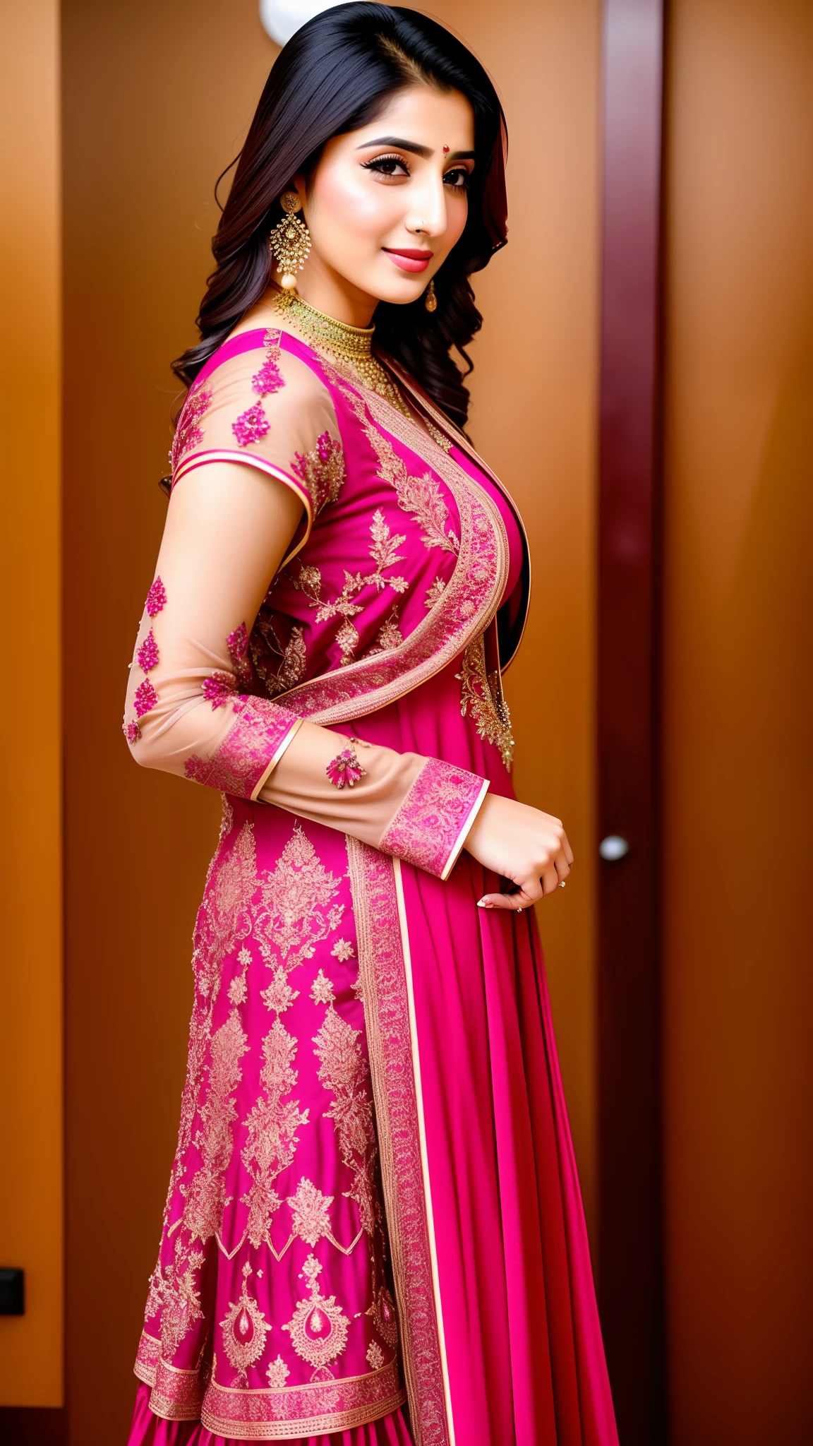 Beautiful pakistani 25 year old girl in beautiful dress, lower boob visible, 8K, sharp image, dynamic pose