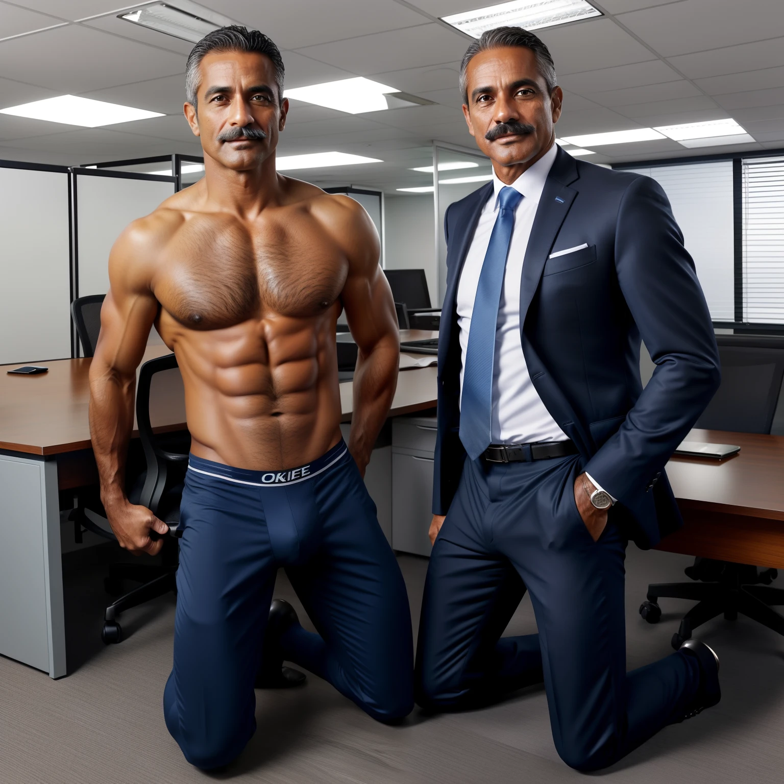 aged 40,A very handsome tanned Brazilian mature man,Thin,Shirtless,Tong,Bulge,fortitude,office room,Two people knelt,Blue panties,Sexy briefs,Business suit,fortitude,k hd,with mustache,black long socks,