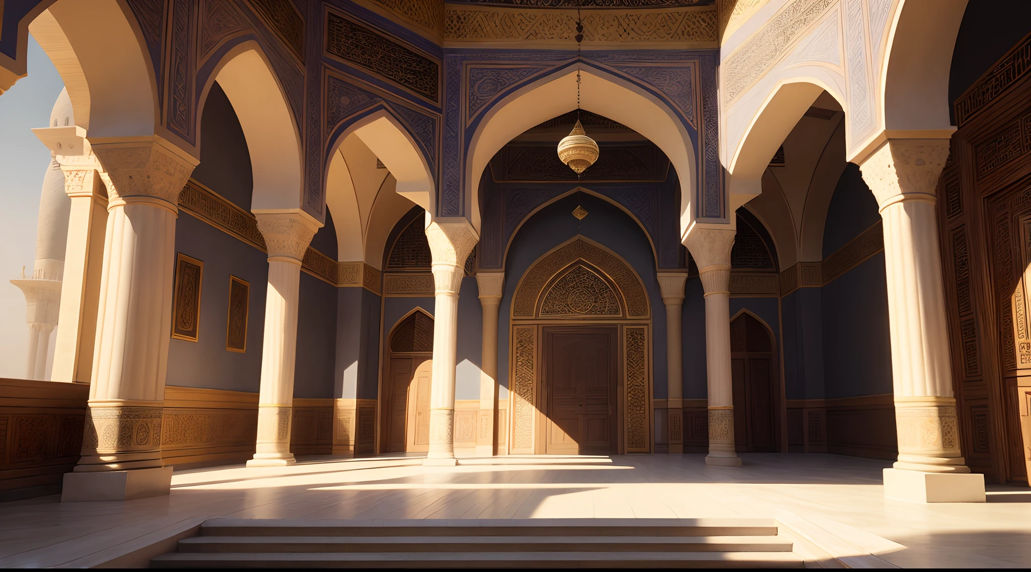 Arabia, either Basra or Ormuz, very luxurious, building structure like a harem or mosque, building structure with elements of a turkish harem or mosque, orientalism, inside a mansion, interior, rich, grand, stairs, Muslim style, Islamic, elegant, House of Vizier, House of Emir, 16th century, medieval, no people, no word, no wordings, no signature