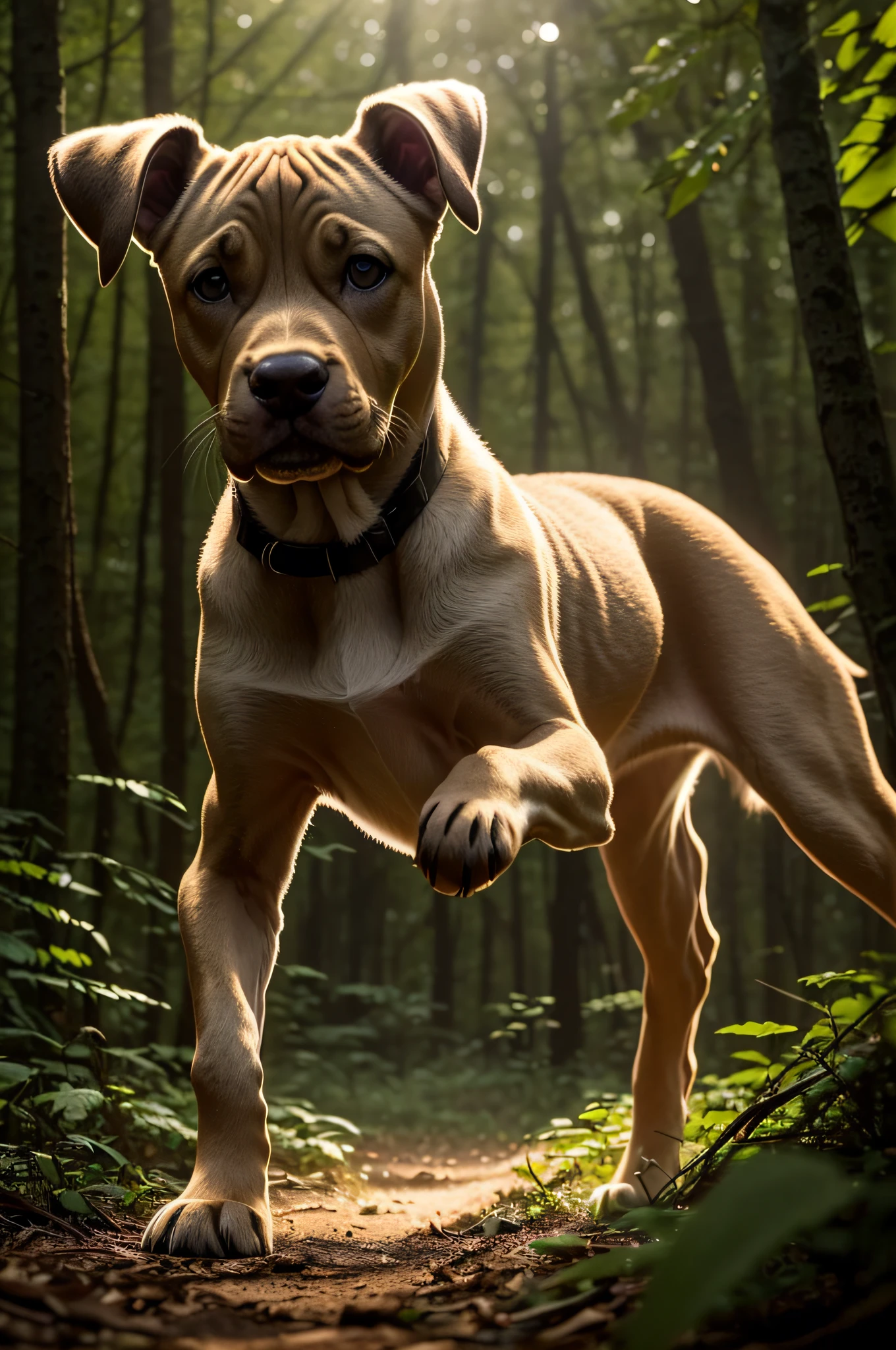 close up photo of a very cute jumping fawn great dane puppy in the forest, look at a camera, soft volumetric lights, (backlit:1.3), (cinematic:1.2), intricate details, (ArtStation:1.3), Rutkowski