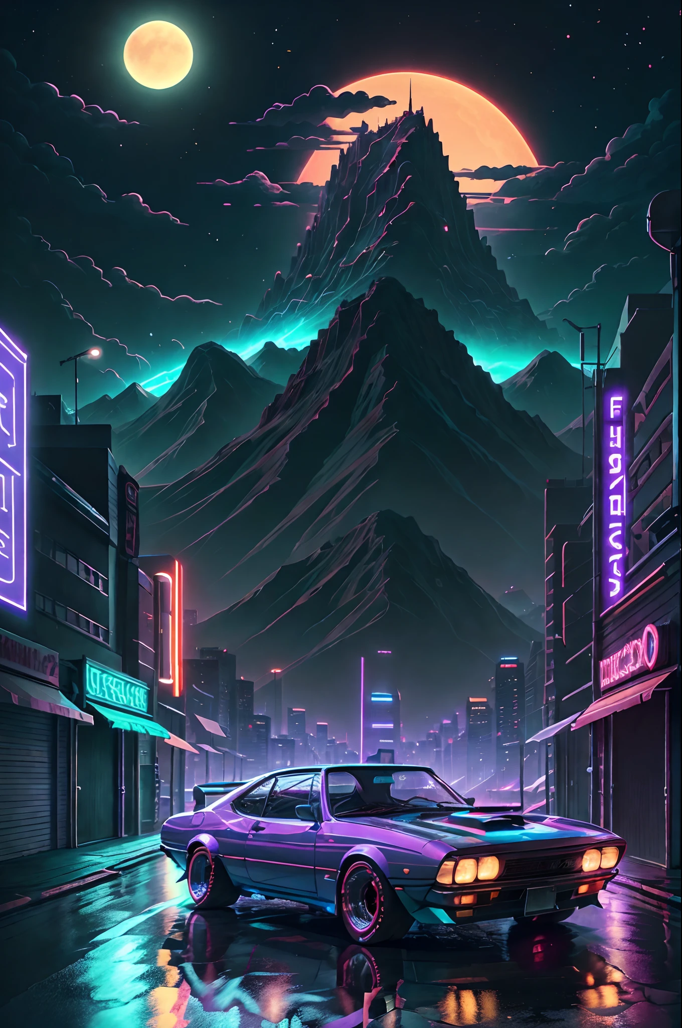 retrowave. city, 1969 Nissan S30, wide body kit, road, purple neon lights, sun, mountain,
(masterpiece,detailed,highres),