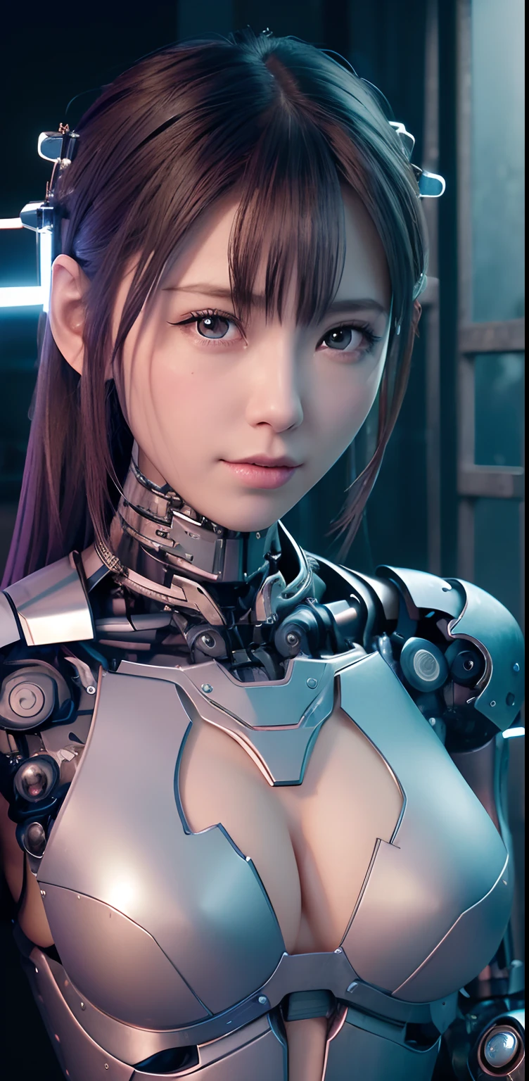 top-quality、masterpiece、超A high resolution、(Photorealsitic:1.4)、((a beauty girl:1.6)), 1 full-body cyborg girl、、NOhumans、((The skin part is only the face)), Luminous Eyes、((Lots of split metal chest protectors)), Metal Robot、((The whole body is the body of a combat robot))、((Body parts are robot parts:1.8))、((The internal mechanisms of the chest are exposed)), ((Mechanical chest armor with LED indicators and meters)), Robot arms and legs、((Exposed metal skeleton of the abdomen))、Metal skeleton of the cervical region、Under repair、destroyed body、Metal Mechanical Bra、Full Body Metal Skin、Metal bodysuit、Metal scales covering the whole body、body made of metal、Whole body metal、a beauty girl、prosthetic hand、artificial leg、Full body cyborg、Exposed metal skeleton、Asian Beauty、cyberpunked、steampunc、Inside the futuristic space battleship、laboratory、Complex 3d rendering beautiful porcelain profile ultra detailed female type android face、dark brown hair、glowy skin、((super realistic details))、portlate、globalillumination、Shadow、octan render、metals、Details of complex ornaments、Japan details、highly intricate detail、Realistic light、CGSoation Trends、a purple eye、radiant eyes、Facing the camera、neon details、Mechanical limbs、blood vessels connected to tubes、Mechanical vertebrae attached to the back、mechanical cervical attaching to neck、sitting on、Wires and cables connecting to the head、Gundam、Small LED lamp、masterpiece、 Metal Robot、body made of metal、Whole body metal、prosthetic hand、artificial leg、Full body cyborg、Exposed metal skeleton、Asian Beauty、cyberpunked、steampunc、Futuristic cities、laboratory、Complex 3d rendering beautiful porcelain profile super detailed female android face、cyborgs、roboticparts、150mm、beautiful studio soft light、Rim Lights、vibrant detail、luxuriouscyberpunk、Ren Hao、surrealistic、Anatomical、face muscles、cable electric wires、microchips、elegent、beatiful backgrounds、octan render、HR Giger Style、8K、top-quality、masterpiece、illustratio、extremely delicat