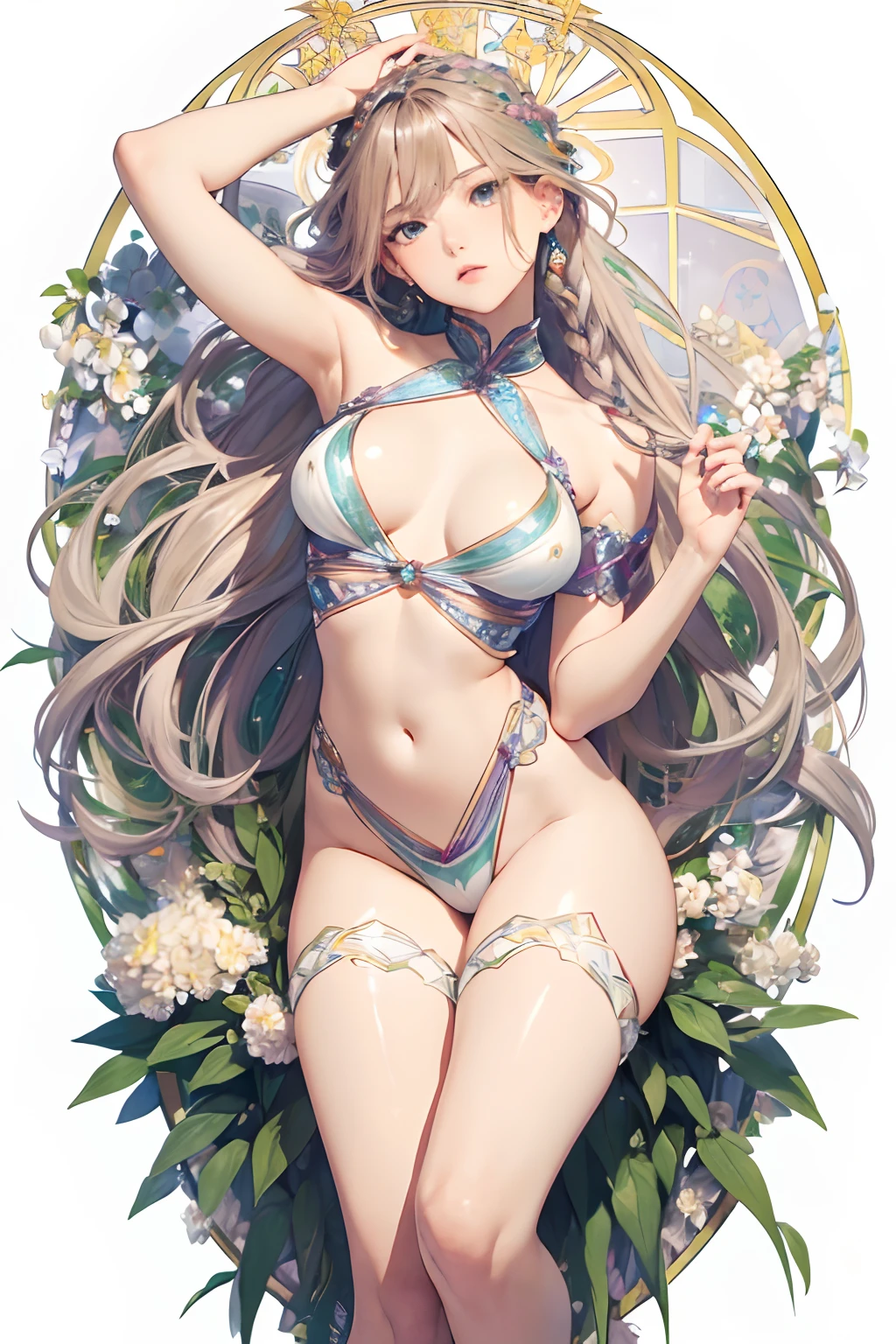 [(white background:1.5)::5], hexagon,masterpiece, (best quality), ((1 girl)),young,full body, legs spread open, panties visible, hands on thighs ((platinum braided hair with colorful highlights)),((sparkling eyes)),expressive hair, nude ,perfect hands,game cg,absurdres, wallpaper, illustration, large chest, alphonse mucha, art nouveau, complicated floral background, flower decorations