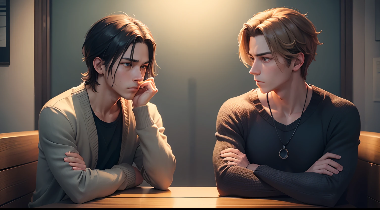 One person looks pensive, deep in thought, contemplating their current situation. The other watches him intently, waiting for a response.Two male friends are talking in a cozy cafe. anime style