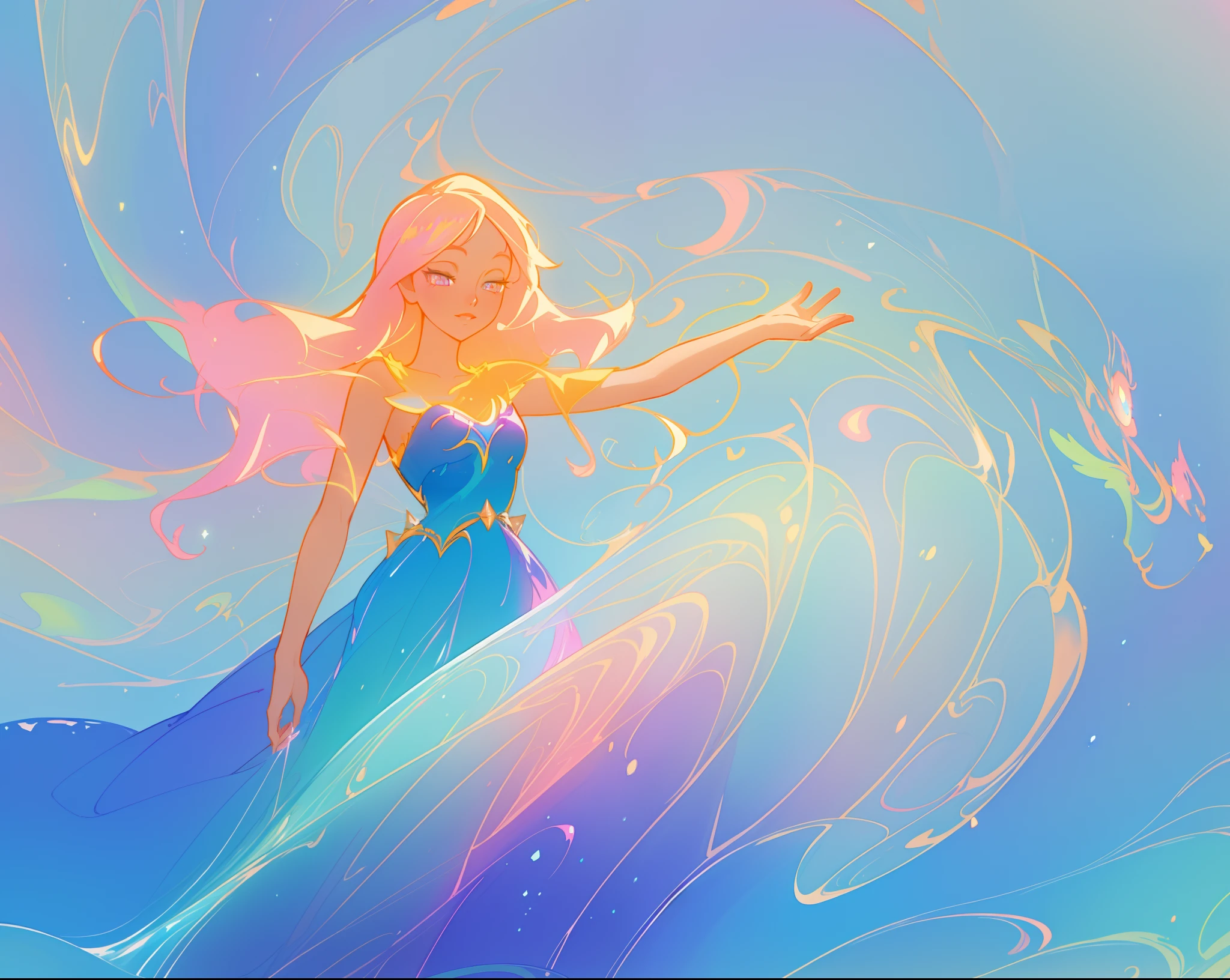 beautiful anime girl in colorful liquid dress, vibrant pastel colors, (colorful), magical lights, sparkling lines of light, inspired by Glen Keane, inspired by Lois van Baarle, disney art style, by Lois van Baarle, glowing aura around her, by Glen Keane, jen bartel, glowing lights! digital painting, flowing glowing hair, glowing flowing hair, beautiful digital illustration, fantasia background, whimsical, magical, fantasy, beautiful face, ((masterpiece, best quality)), intricate details, highly detailed, sharp focus, 8k resolution, sparkling detailed eyes, liquid watercolor