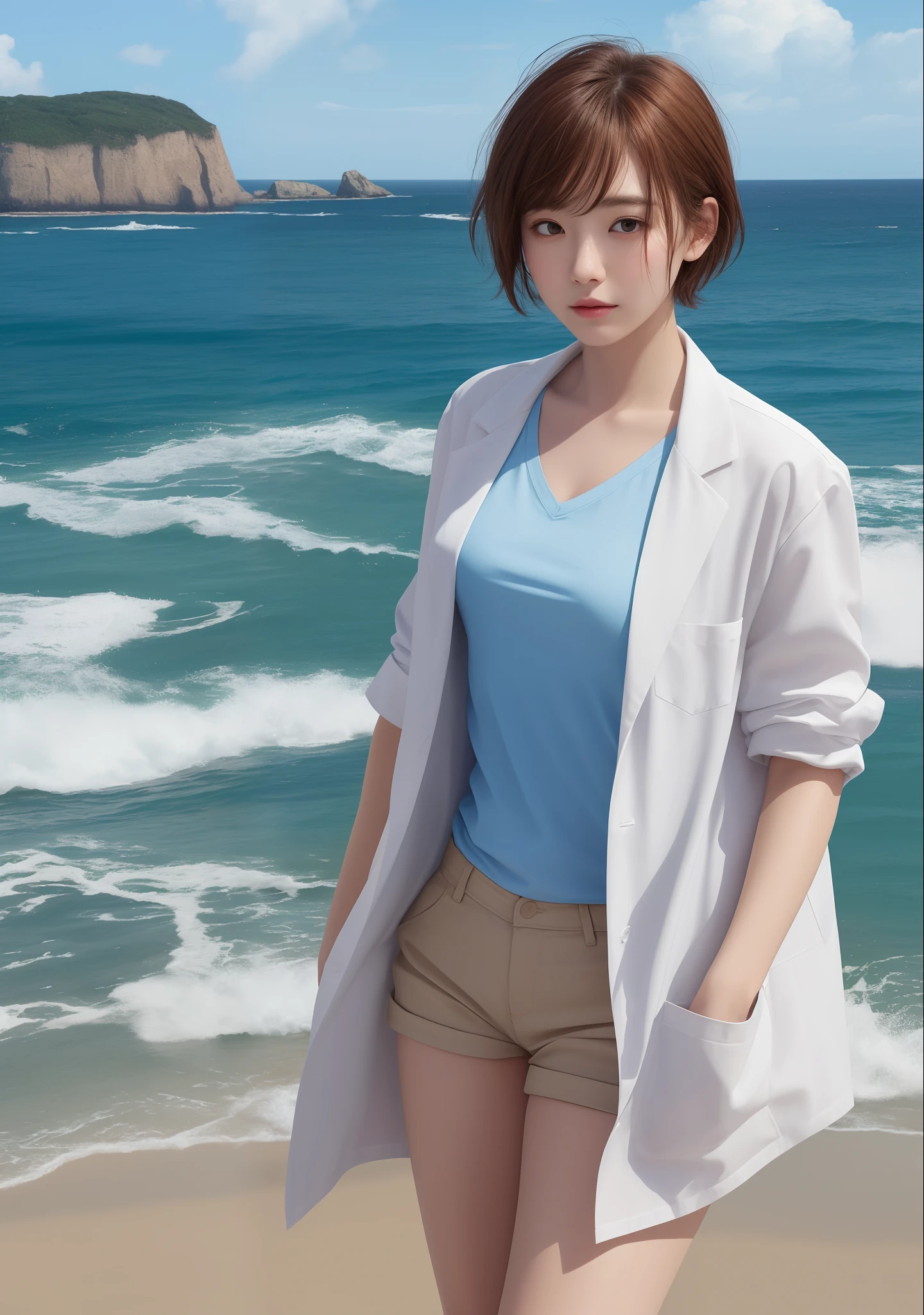 top-quality(4K)、Beautiful woman in medical lab coat、Light blue shirt under lab coat,Reach into the pocket of your lab coat、Beige shorts、short-hair、Brown hair、a small face、A slender、Colossal tits、Breasts are too big and come out of the shirt,、Emphasize strongly、protruding from the shirt、Stand on a cliff with the sea in the background、sad eyes、looking at sky、Sea view、Facing the side、Hair fluttering in the wind、