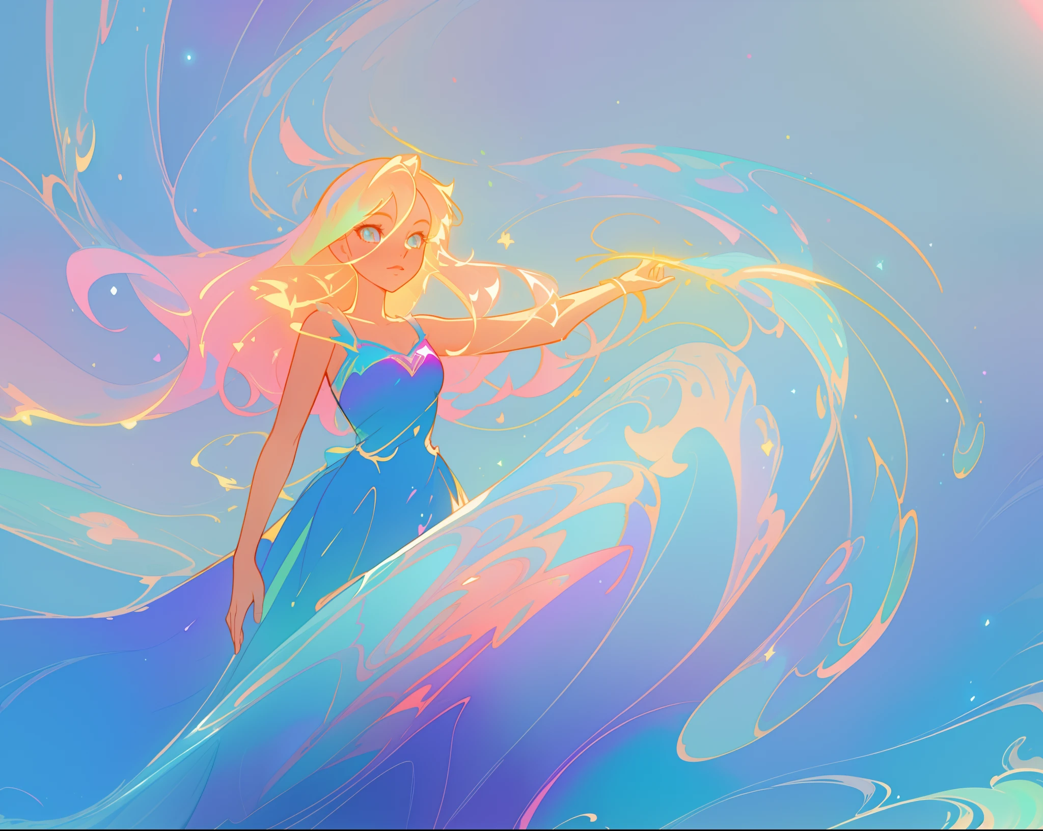 beautiful anime girl in colorful liquid dress, vibrant pastel colors, (colorful), magical lights, sparkling lines of light, inspired by Glen Keane, inspired by Lois van Baarle, disney art style, by Lois van Baarle, glowing aura around her, by Glen Keane, jen bartel, glowing lights! digital painting, flowing glowing hair, glowing flowing hair, beautiful digital illustration, fantasia background, whimsical, magical, fantasy, beautiful face, ((masterpiece, best quality)), intricate details, highly detailed, sharp focus, 8k resolution, sparkling detailed eyes, liquid watercolor