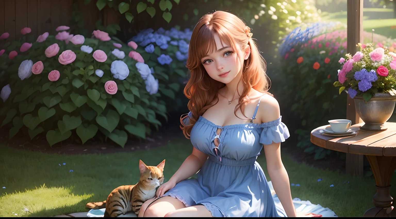Full portrait photo from top to bottom of an 18-year-old girl as beautiful as in a fairy tale, sitting in a garden full of flowers, holding her pet cat, wearing a modern, cool short dress, shoulder-length chestnut hair, eyes blue, pink dress, bright smile, big breasts, slim waist, long white legs...