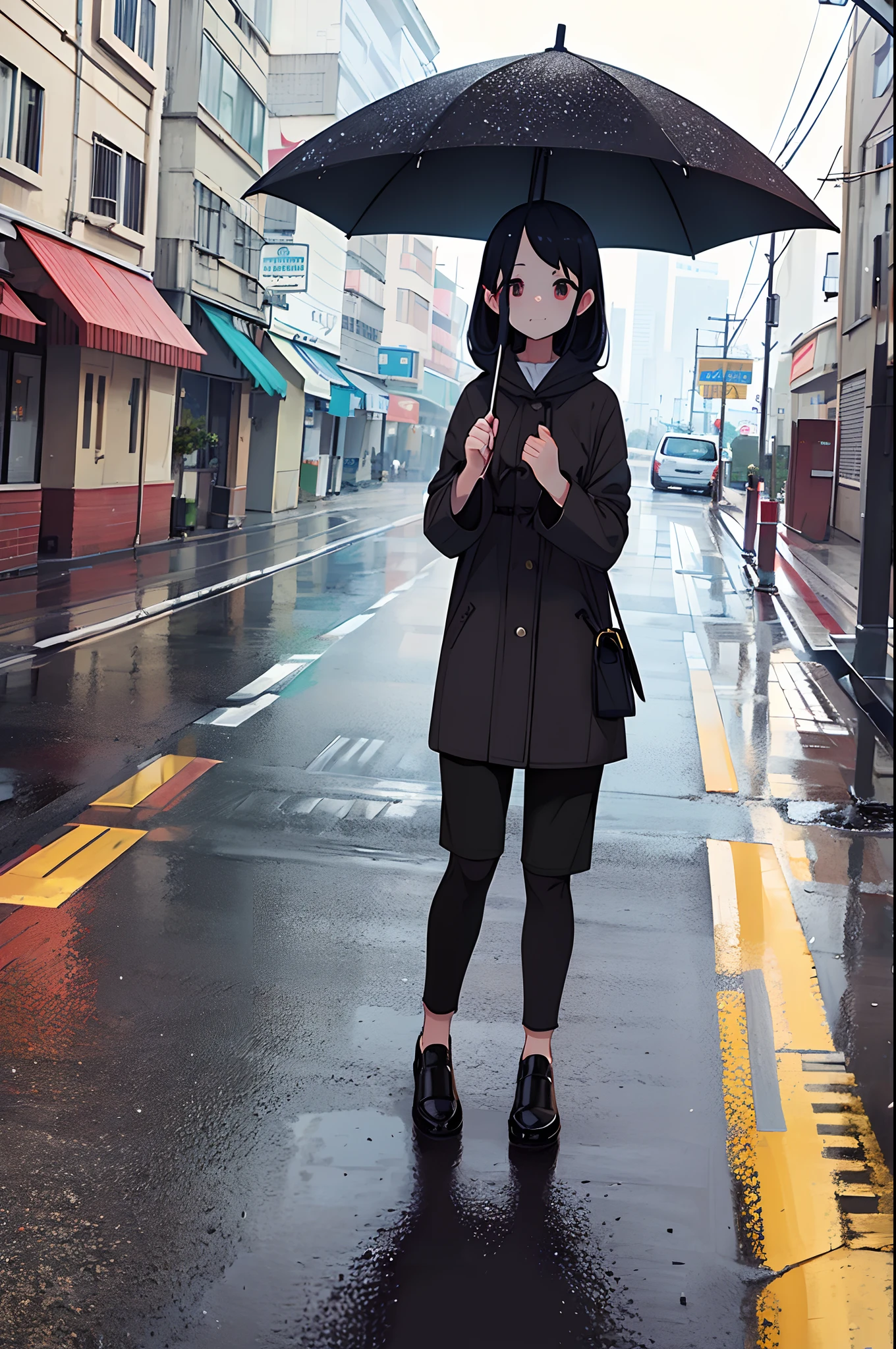 Photo of parent and child holding umbrella on rainy day、Umbrellas are great、bustup、Eye Up、The road surface is wet、She enjoys the rain