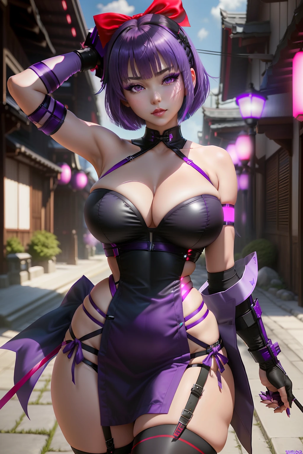 ((Ayane from dead or alive series)) (beautiful face)(big glowing eyes)(red lips) (((very short straight purple hairstyle))) ((very huge breasts) (perfect slim body) (wears short tight black strappless dress with purple and red ornament), (shinnobi gauntlets, stocking, big red ribbon around waist) (posing sexy alongside sakura garden) (high definition, amazing lights and shadows) ((masterpiece)) (8k) (perfect face) (ultra details) (perfect hands, eyes, and face)