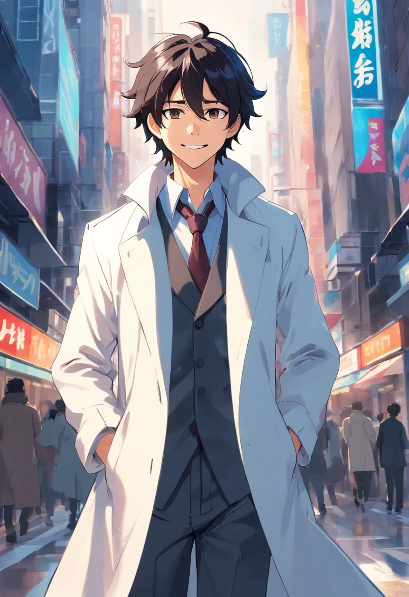 Messy wavy black-haired man, Wearing a white overcoat, Smile like a villain、twinks、manly