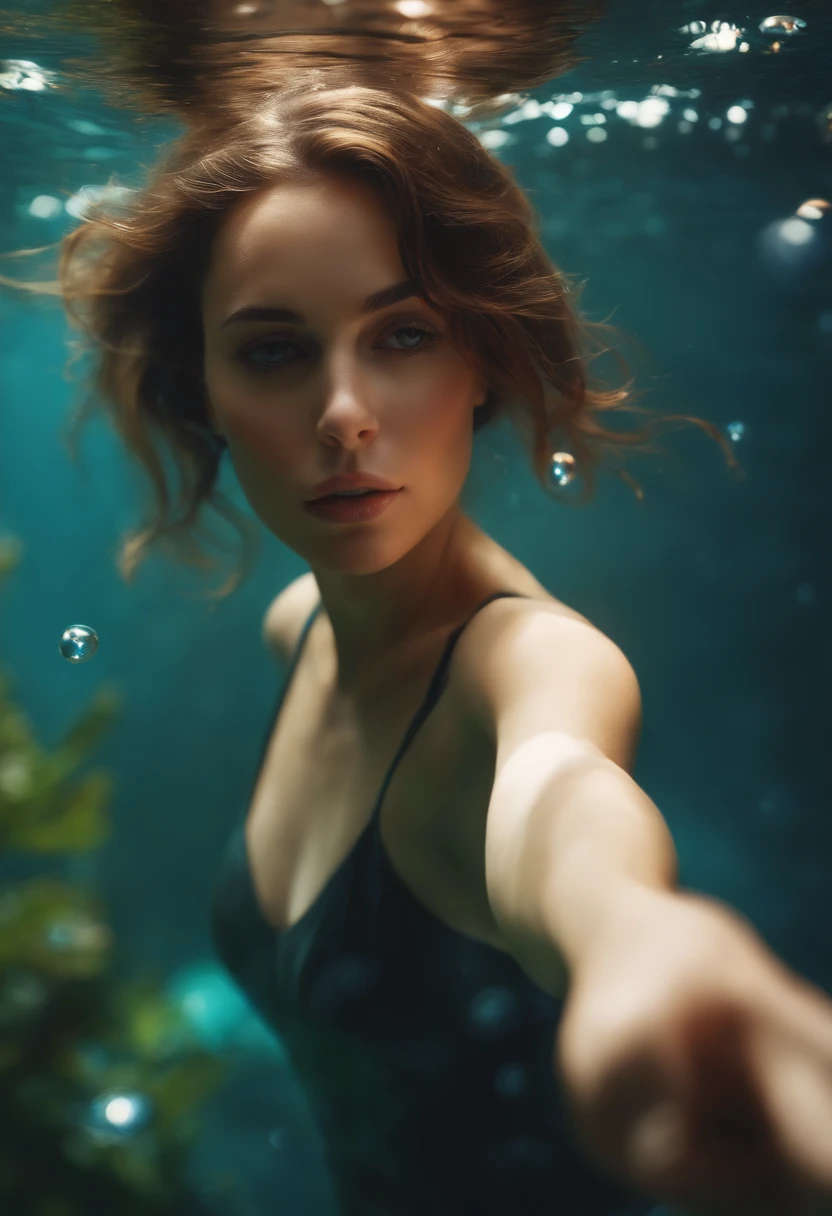 foreshortening,  depth of field, masterpiece, best quality, brown hair, brown eyes, underwater, air bubble, solo, looking at viewer,  dappled sunlight