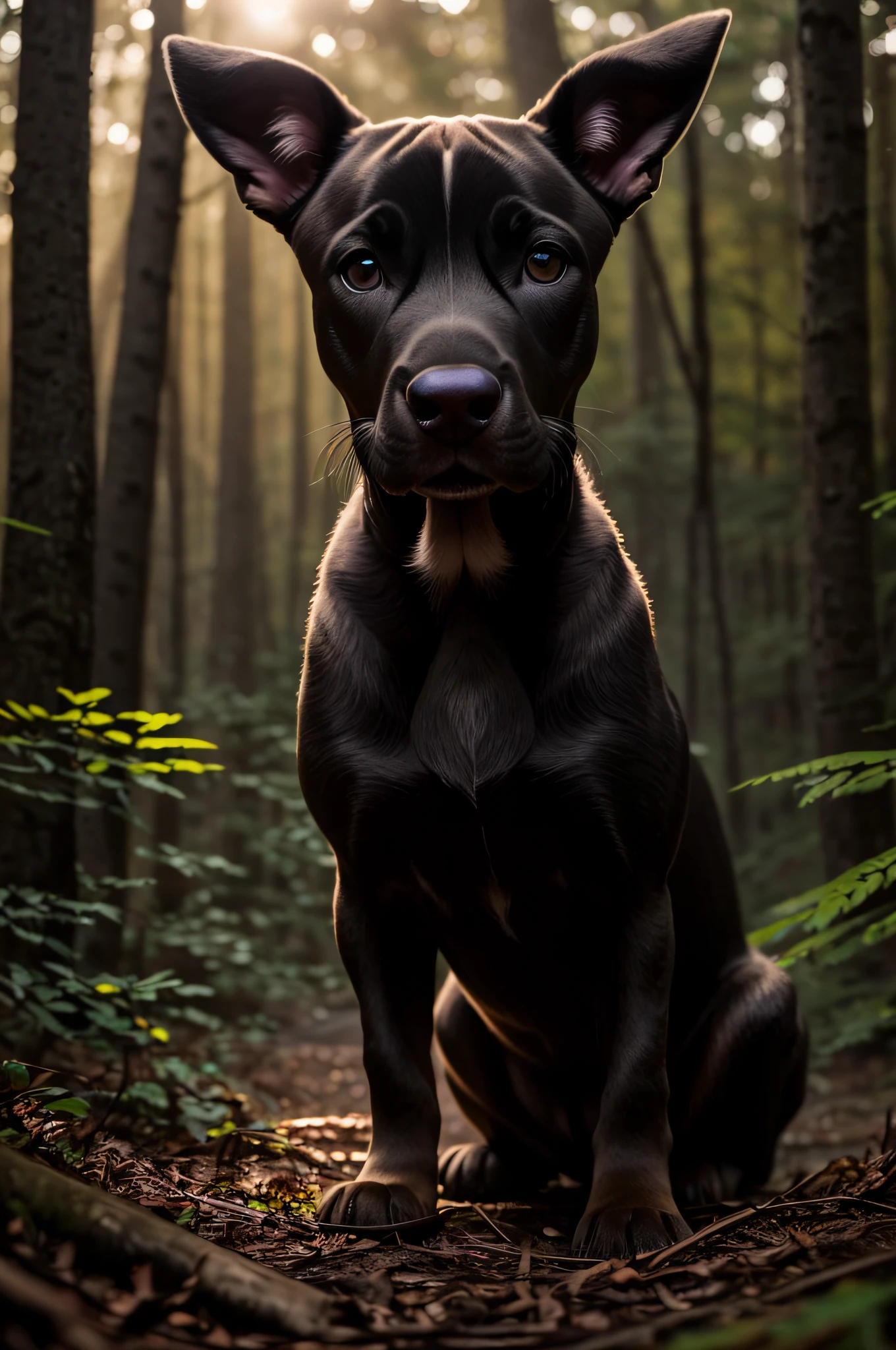 close up photo of a very cute jumping fawn colored body black snout great dane puppy in the forest, look at a camera, soft volumetric lights, (backlit:1.3), (cinematic:1.2), intricate details, (ArtStation:1.3), Rutkowski
