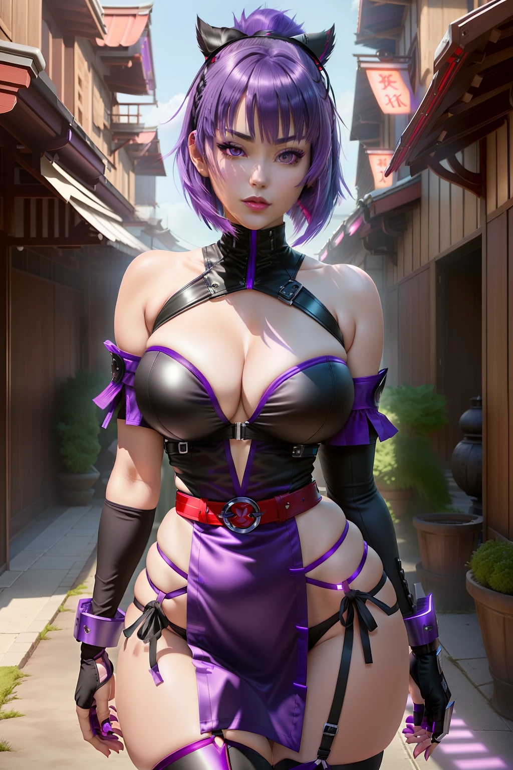 ((Ayane from dead or alive series)) (beautiful face)(big glowing eyes)(red lips) (((short straight purple hair))) ((very huge breasts) (perfect slim body) (wears short tight black strappless dress with purple and red ornament), (shinnobi gauntlets, stocking, big red fabric belt around waist) (posing sexy alongside sakura garden) (high definition, amazing lights and shadows) ((masterpiece)) (8k) (perfect face) (ultra details) (perfect hands, eyes, and face)