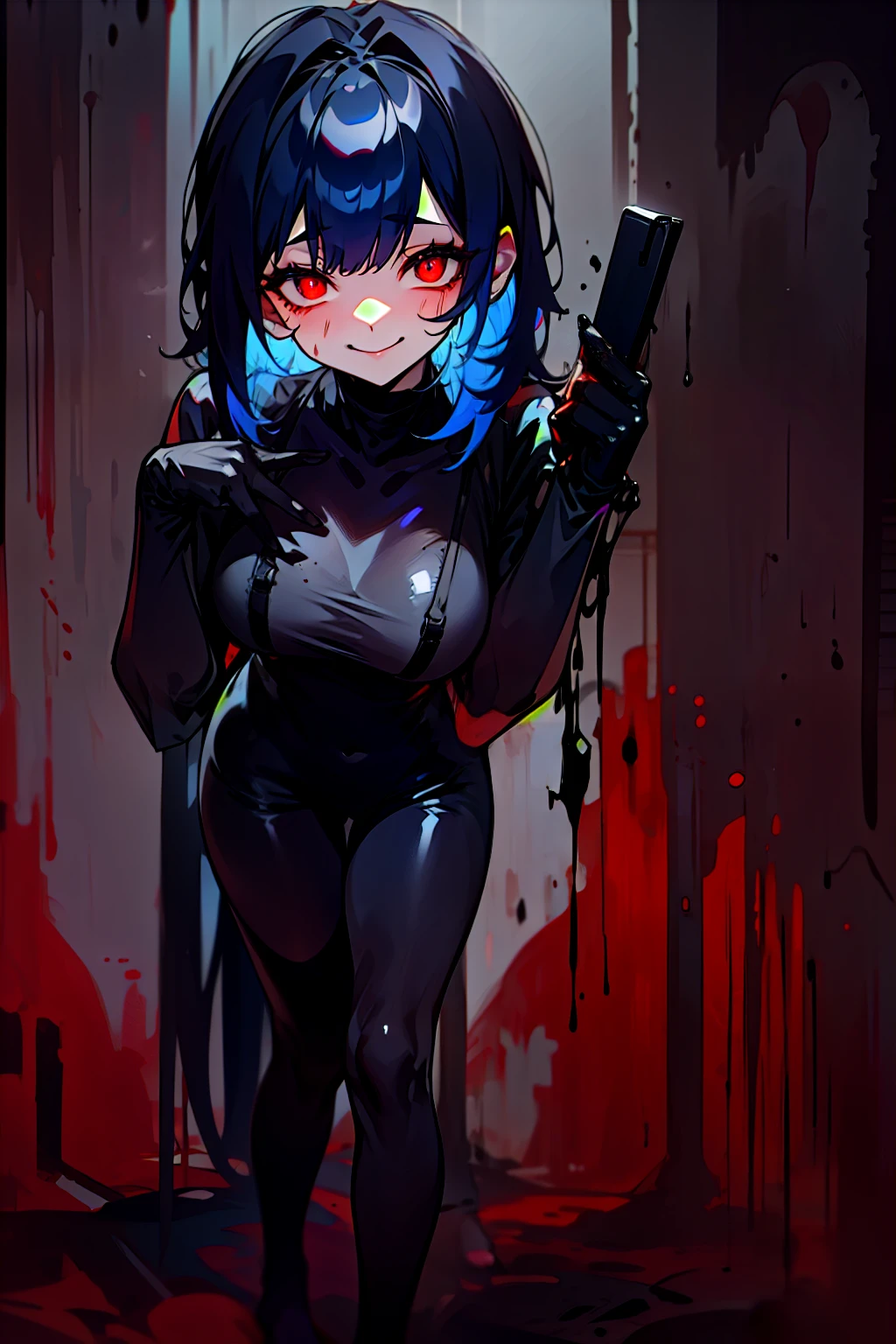 bangs, Blue hair，Wear socks，Blackened，Wrapped in black slime,A sad expression,Say goodbye to the gaze，Red coat,long eyelasher, solid circle eyes, Light smile，onesie，Venom possession，Blackened，Long blue gloves，Jumpsuits， black lence stockings，Chiaroscuro, Ray tracing, Cinematic lighting， 1girll， 独奏， standing on your feet， hair adornments， Red eyes， Heartless expression， blood stain， terroral， Simetall，Red eyes，Blackened，long black gloves，Jumpsuits，Tight one-piece stockings，Highlight her gorgeous figure,Wrap the whole body，onesie，Red eyes，Venom possession，Clear black stockings，long black gloves，Jumpsuits，Black one-piece stockings，Blood-red eyes，Best quality, high resolution, Ultra-detailed, Vivid texture, Mask, bangs，Wear socks，Tears，Wrapped in black slime,Sexual sexy, Black tunic, self-assured, Smile, Expressive eyes, collofull eyes, Dark background, abstract backgrounds, Contrast, Shadows, Masterpiece, Digital art, Glowing eyes, Intimidating, corrupted，((horror theme)),A blue-haired girl，Bleeding