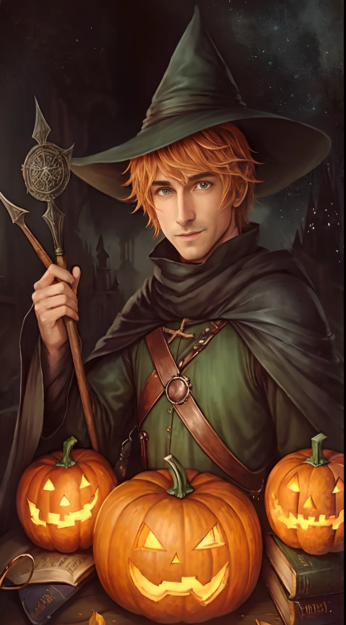 kvothe,smiling,the name of the wind,Pointed Mage Hat,Halloween,Library with pumpkins,wizard costume,black costume,night,candles,2D art style,artbook,anime drawing,bright vivid colors,soft lighting,realistic details,atmospheric,Moonlit garden,autumn leaves,nostalgic,whimsical,rustic garden,vibrant pumpkins,enchanted library,bookshelves filled with ancient books,spellbook,total immersion,storybook atmosphere,magical ambiance,cozy and warm,depth and texture,illusion of movement,light and shadows,subtle gradient,mesmerizing,ethereal,hauntingly beautiful,spooky yet inviting,captured moment,secretive rendezvous,whispering winds,flickering firelight,mysterious atmosphere,eerie stillness,adventure awaits,unveiling mysteries,endless possibilities