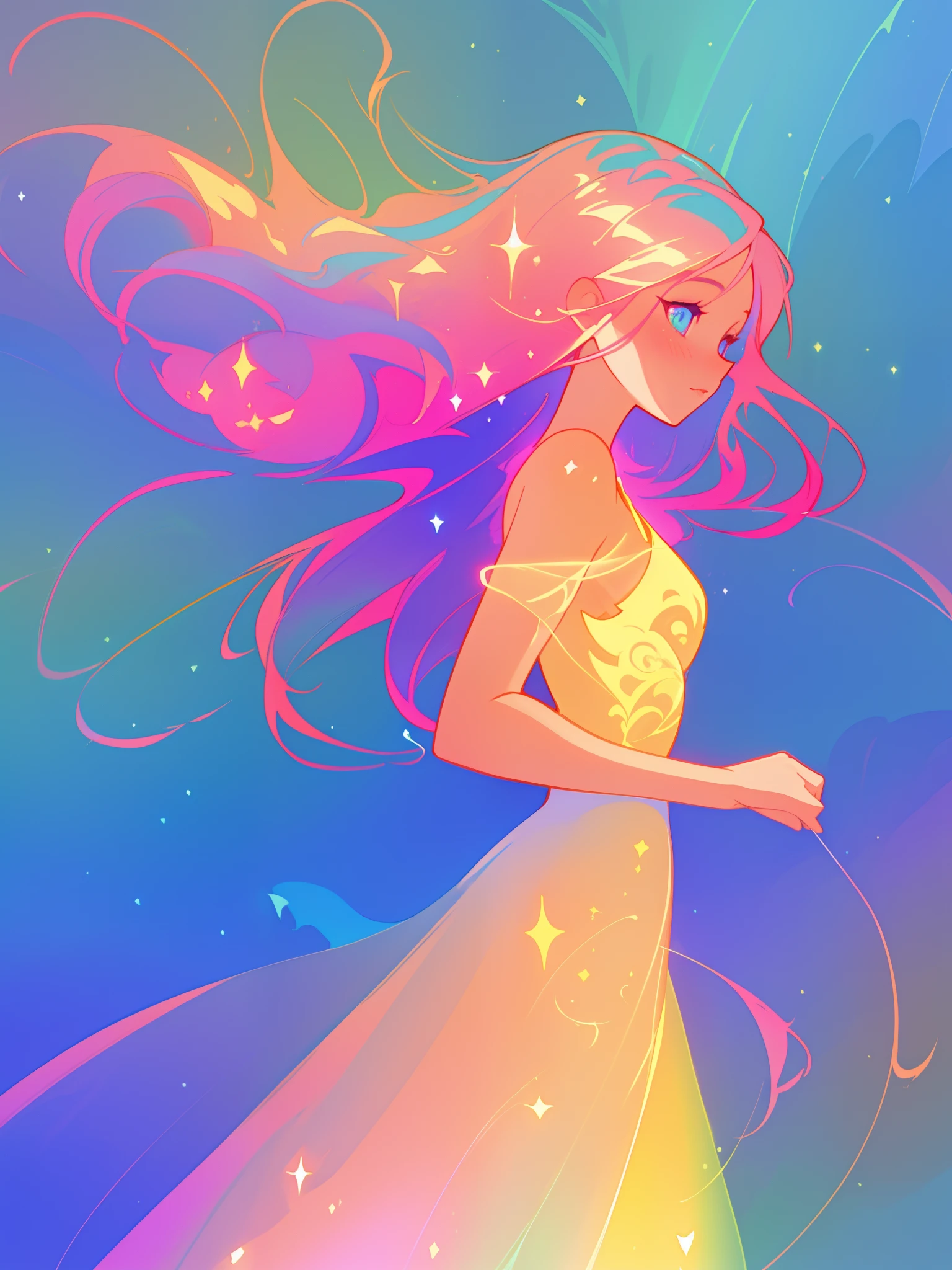 beautiful anime girl in colorful liquid dress, vibrant pastel colors, (colorful), magical lights, sparkling lines of light, inspired by Glen Keane, inspired by Lois van Baarle, disney art style, by Lois van Baarle, glowing aura around her, by Glen Keane, jen bartel, glowing lights! digital painting, flowing glowing hair, glowing flowing hair, beautiful digital illustration, fantasia background, whimsical, magical, fantasy, beautiful face, ((masterpiece, best quality)), intricate details, highly detailed, sharp focus, 8k resolution, sparkling detailed eyes, liquid watercolor