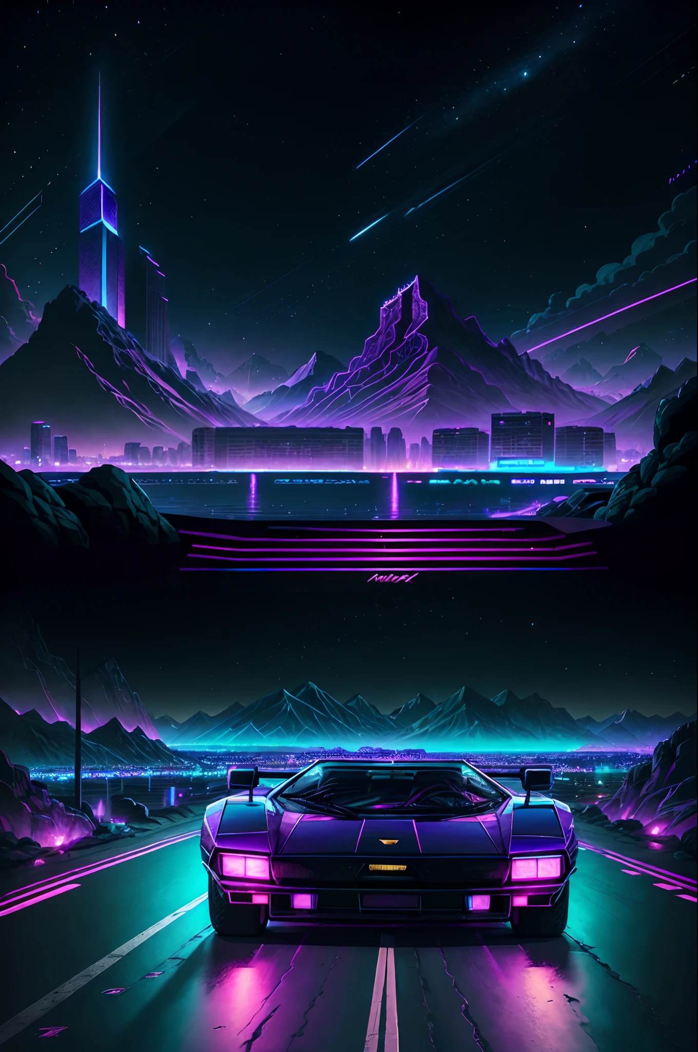 retrowave. city, car lamborghini countach, road, neon lights purple and blue, neon night sun, mountain, (masterpiece, detailed, highres), light grunky, antique vinyl cover effect, 8K, 80's, CD cover, professional art project, super detailed, synthwave, retro electro, by kavinsky, by new retro wave, handmade