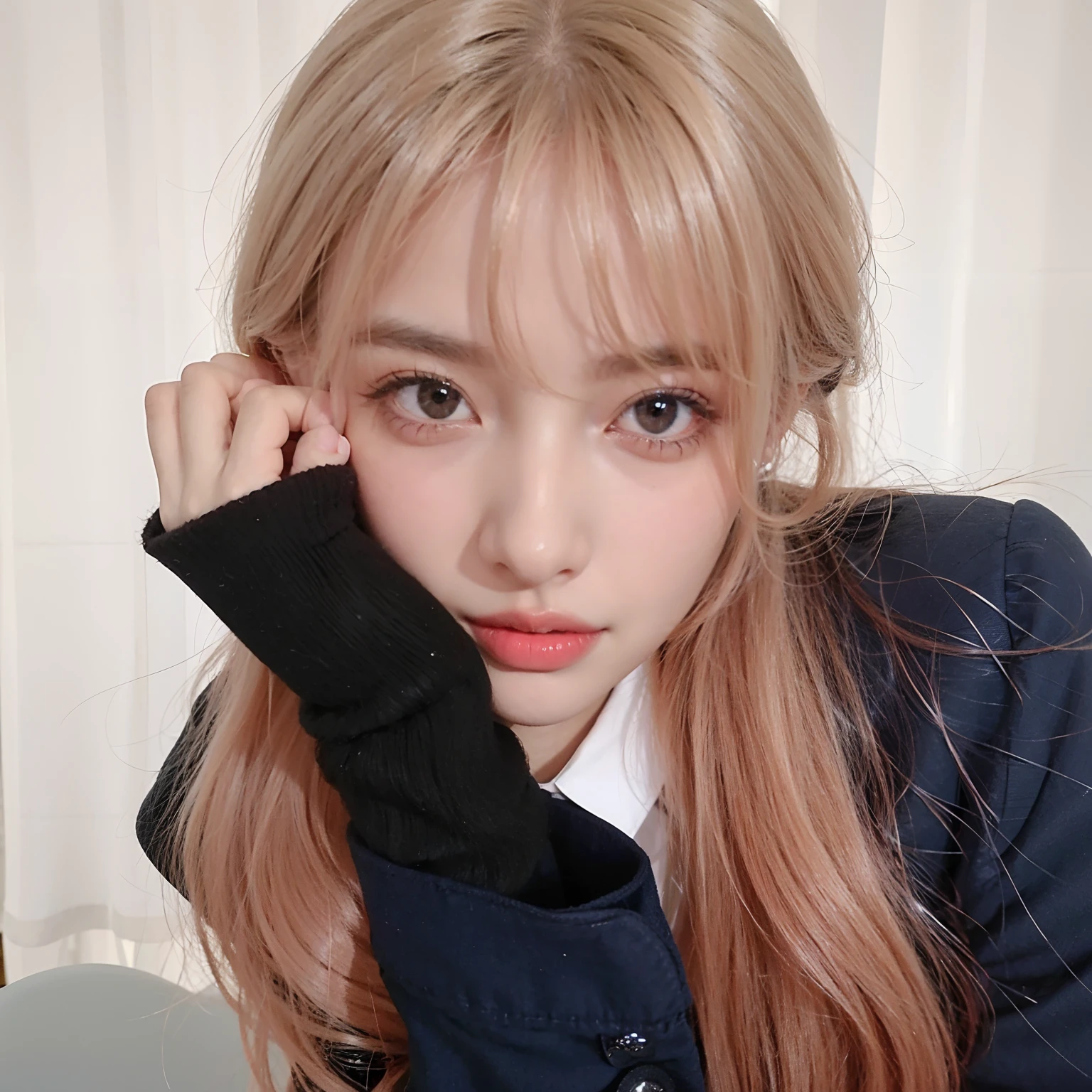 There's a young woman with long black hair posing for a photo, coquette, Hayoung, fromis_9, franja e estilo coquette, Wearing cute clothes and accessories.