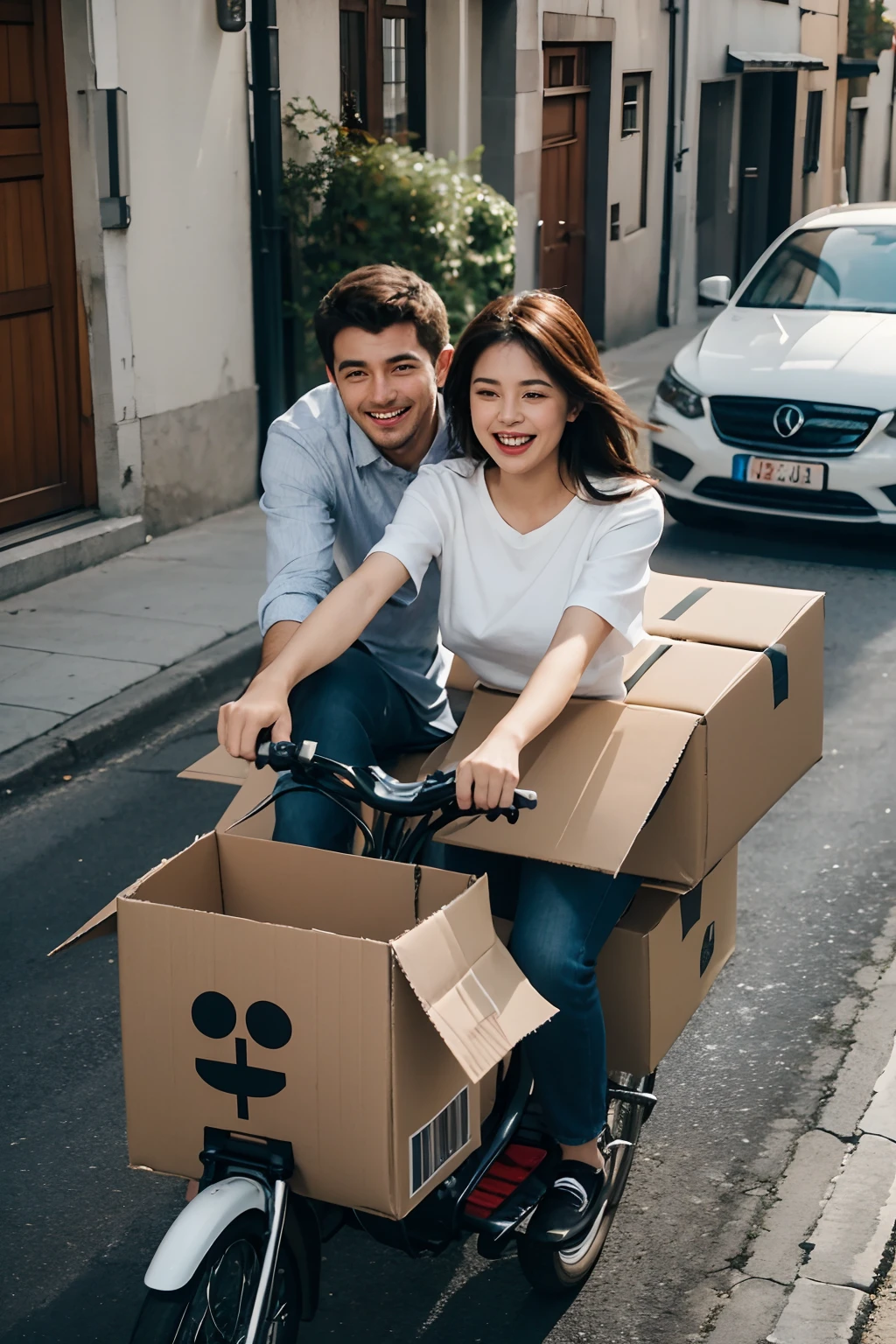 create a man who is apparently 30 years old smiling and pushing a woman who is apparently 25 years old and is happy and this woman is sitting inside the cardboard box that underneath the cardboard box has wheels and they are going down a hilly street