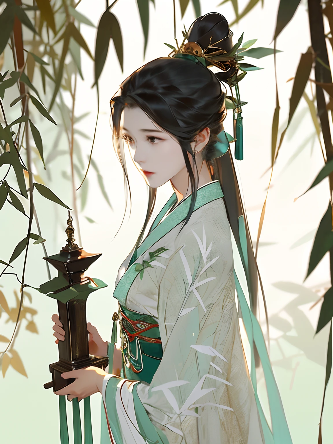 close up of a woman, In the bamboo forest, Long black hair, Ponytail, Green headdress, Hold the lamp., Bamboo leaves fall off., Smog, Green Hanfu,